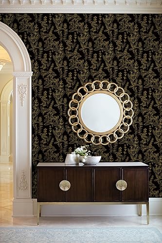 Miniatura 9 de Micpolo Papel tapiz para despegar y pegar, papel tapiz floral negro y dorado, papel tapiz negro para baño, dormitorio, papel de contacto para