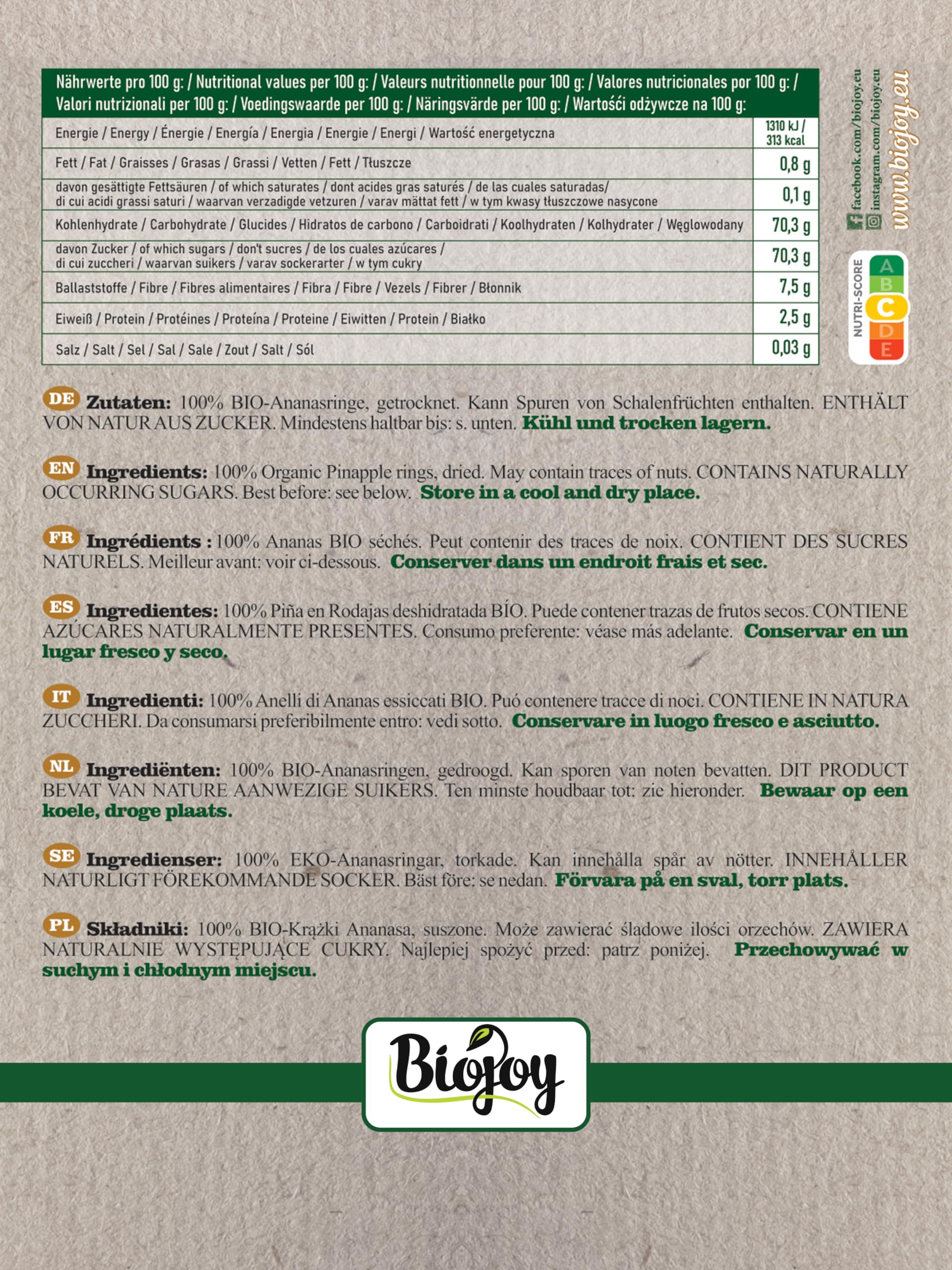 Biojoy Fette di Ananas disidratato BIO (1 kg), senza zucchero aggiuntо e senza zolfo