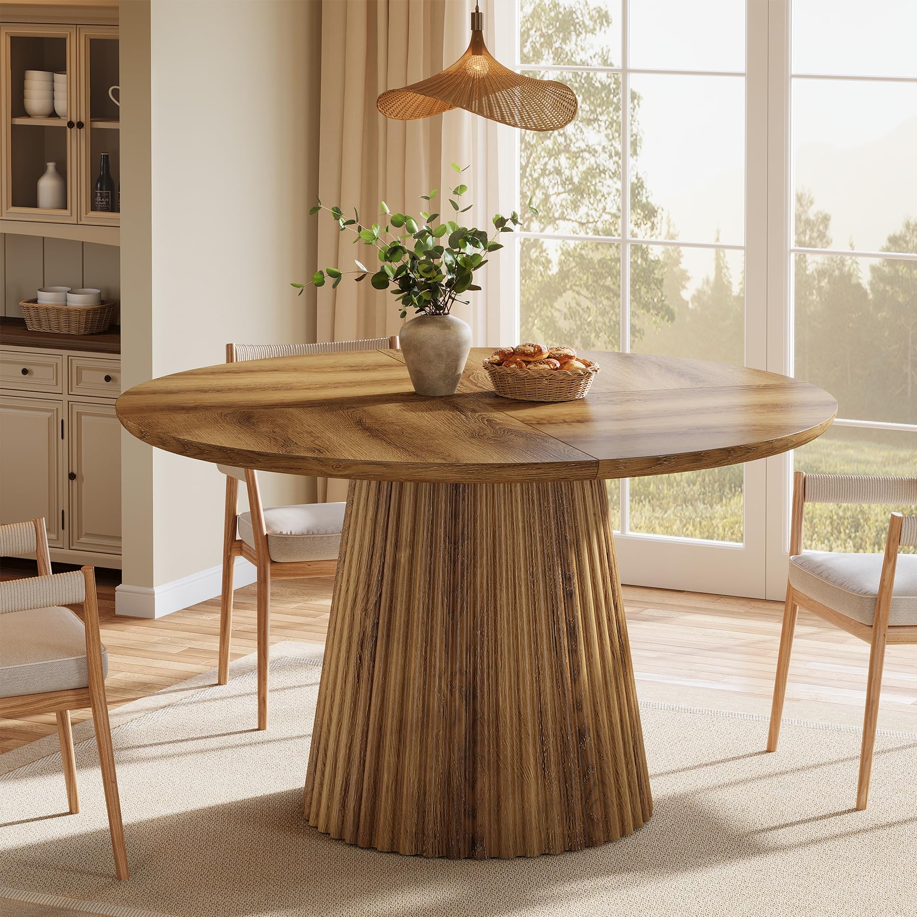 Tribesigns Mesa de Comedor Redonda de 120 cm para 4-6 Personas, Mesa de Cocina rústica de Madera con Base Acanalada para Comedor, Cocina o salón.