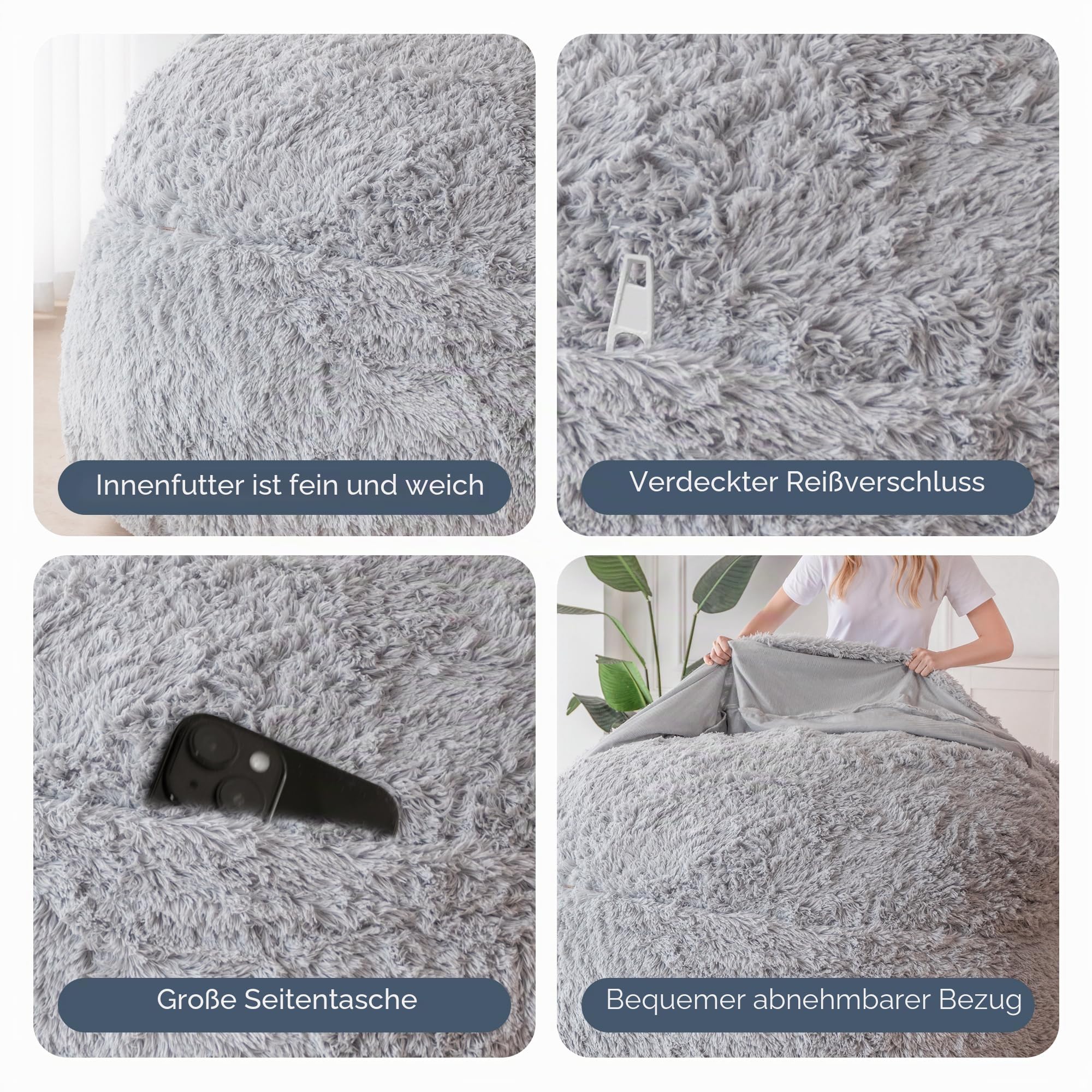 MAXYOYO Riesiges Sitzsackbett – umwandelbar vom Sitzsack zum Bett – großes Sofa mit Plüschbezug und Flauschiger Füllung im Lieferumfang enthalten, für Erwachsene, Paare, Gäste (Grau, Doppelt)