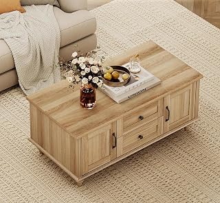 WAMPAT Oak Coffee Table with Drawer & Storage Cabinet, Farmhouse Rustic Center Table for Living Room, Rectangle Wooden Cocktail Table Tea Table for Home, Office