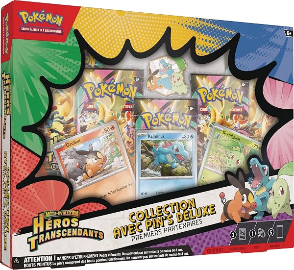 Pokémon : Collection avec pin’s Deluxe Premiers Partenaires Méga-Évolution – Héros Transcendants (3 Cartes Promo Brillantes, 1 pin’s Deluxe et 5 boosters) - 1
