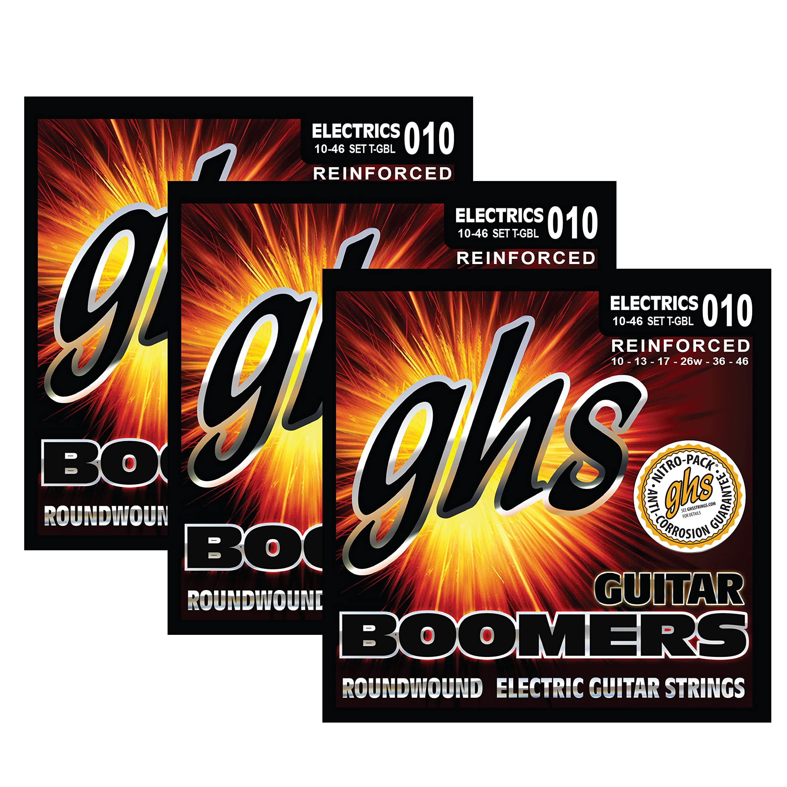 REINFORCED GUITAR BOOMERS - ELECTRIC GUITAR STRINGS - LIGHT GAUGE - 10-46 - IDEAL FOR GUITARS WITH TREMOLO SYSTEMS - MODEL T-GBL-3 SET (PACK OF 3)