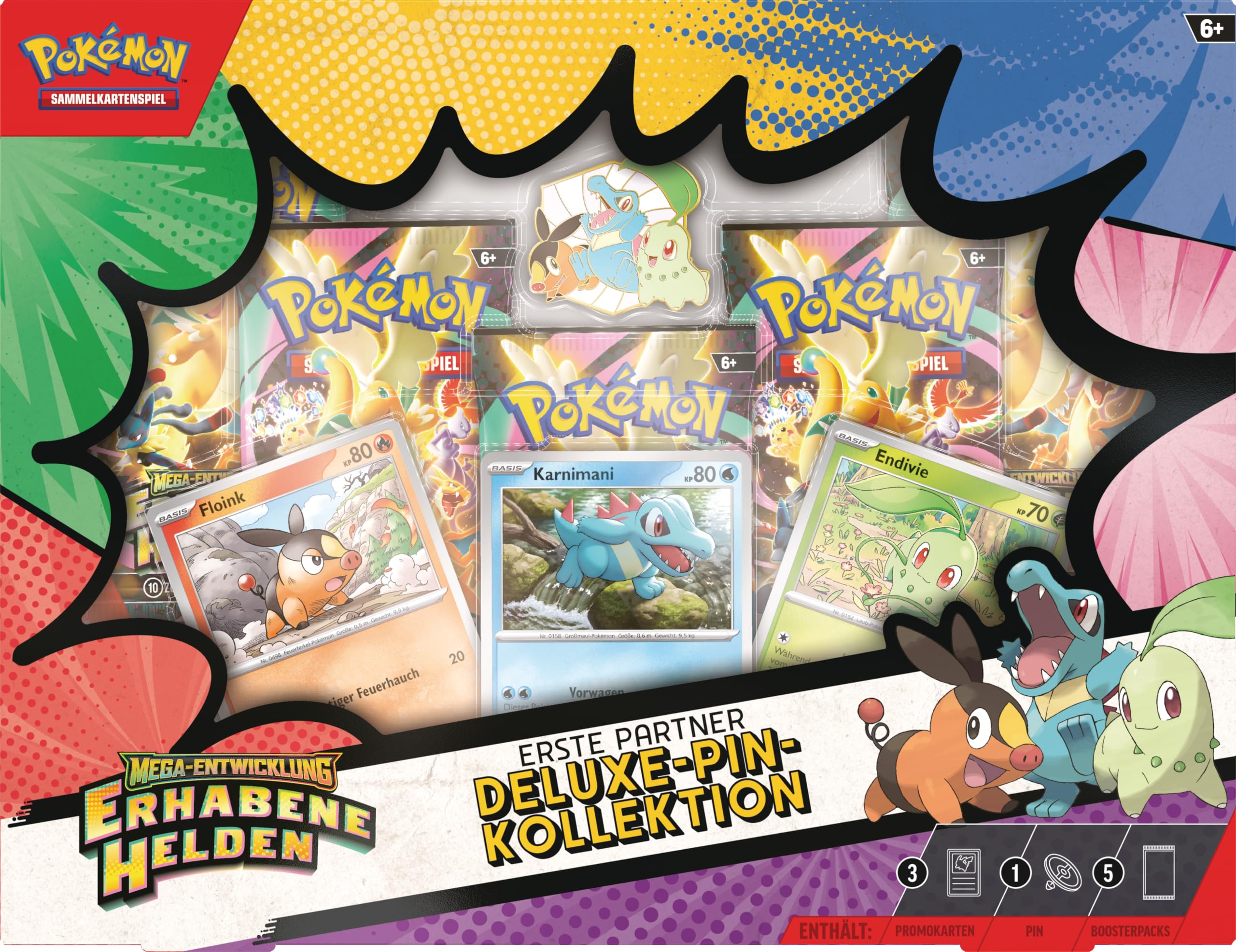 Pokémon-Sammelkartenspiel: Deluxe-Pin-Kollektion Mega-Entwicklung – Erhabene Helden: Erste Partner (3 holografische Promokarten, 1 Deluxe-Pin und 5 Boosterpacks)