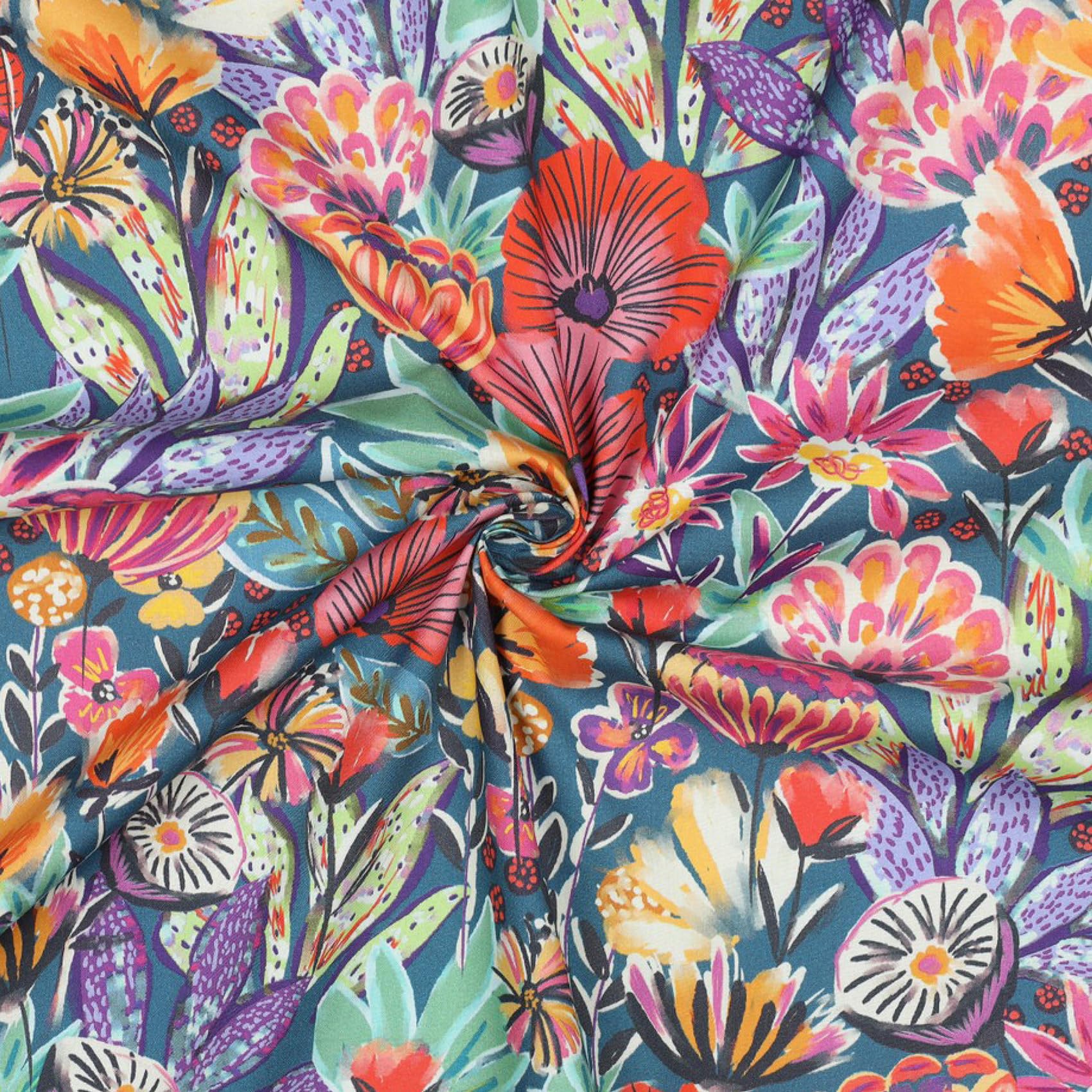 VmG-Store 1 m Cotton Fabric for Sewing, 100% Cotton Sewing Fabric, No Sold by the Metre, Children's Fabric, Patchwork, DIY, Crafts, Quilting, Crafts (Flower Magic Digital Petrol Bc033) - Image 2
