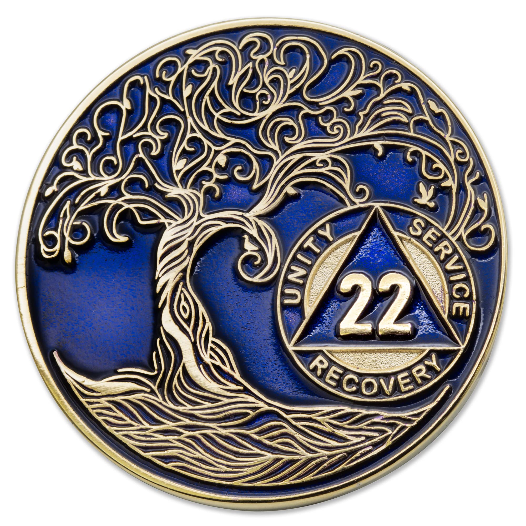 1 to 50 Year Twisted Tree of Life Sobriety Coin - Gold Plated AA Chips &amp; Medallions - 22 Year Sobriety Coin - Translucent Blue