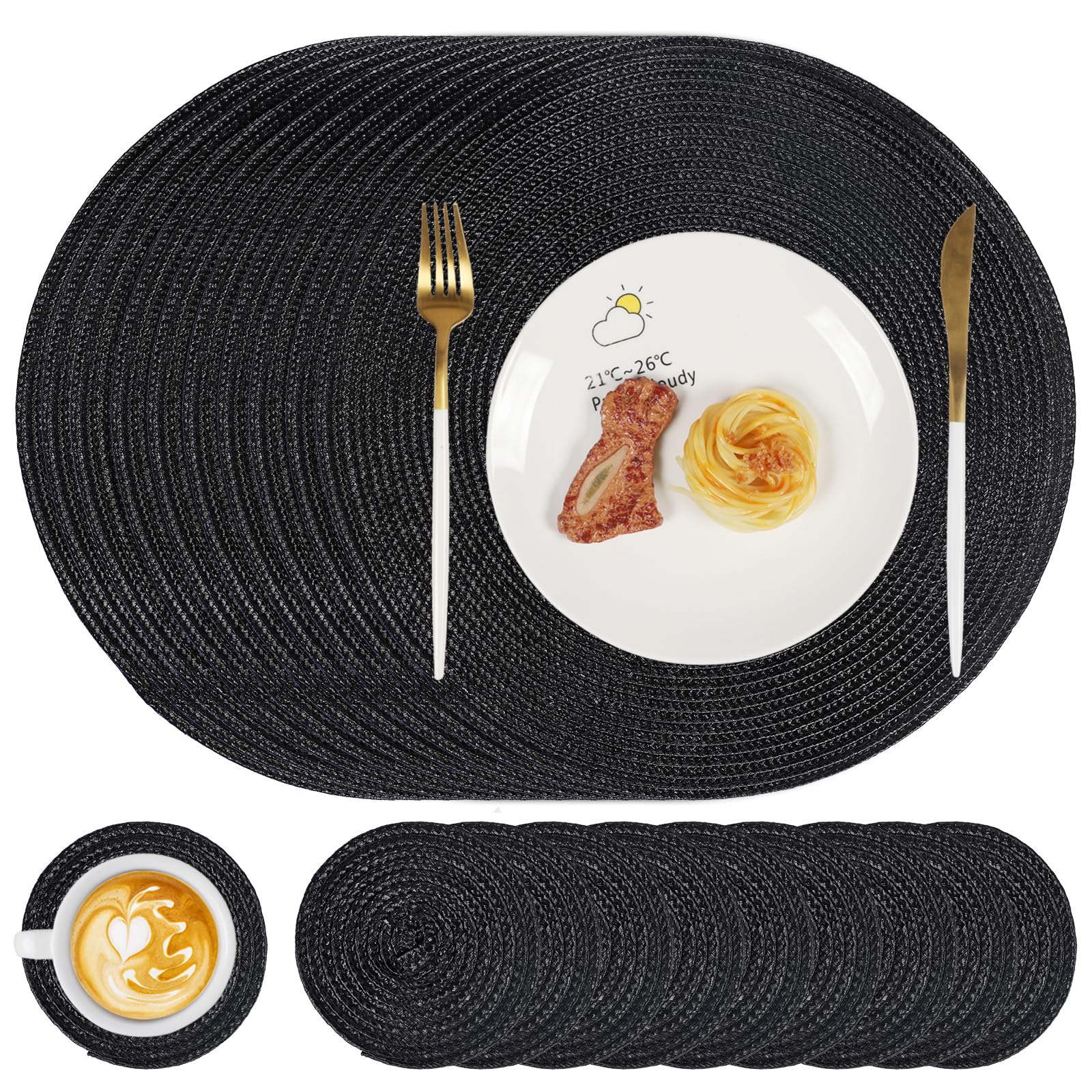 Famibay Placemats and Coaster Sets 10 Round Table Mats Heat Resistant Black Place Mats for Table Washable Woven Placemats for Kitchen Dining Restaurant