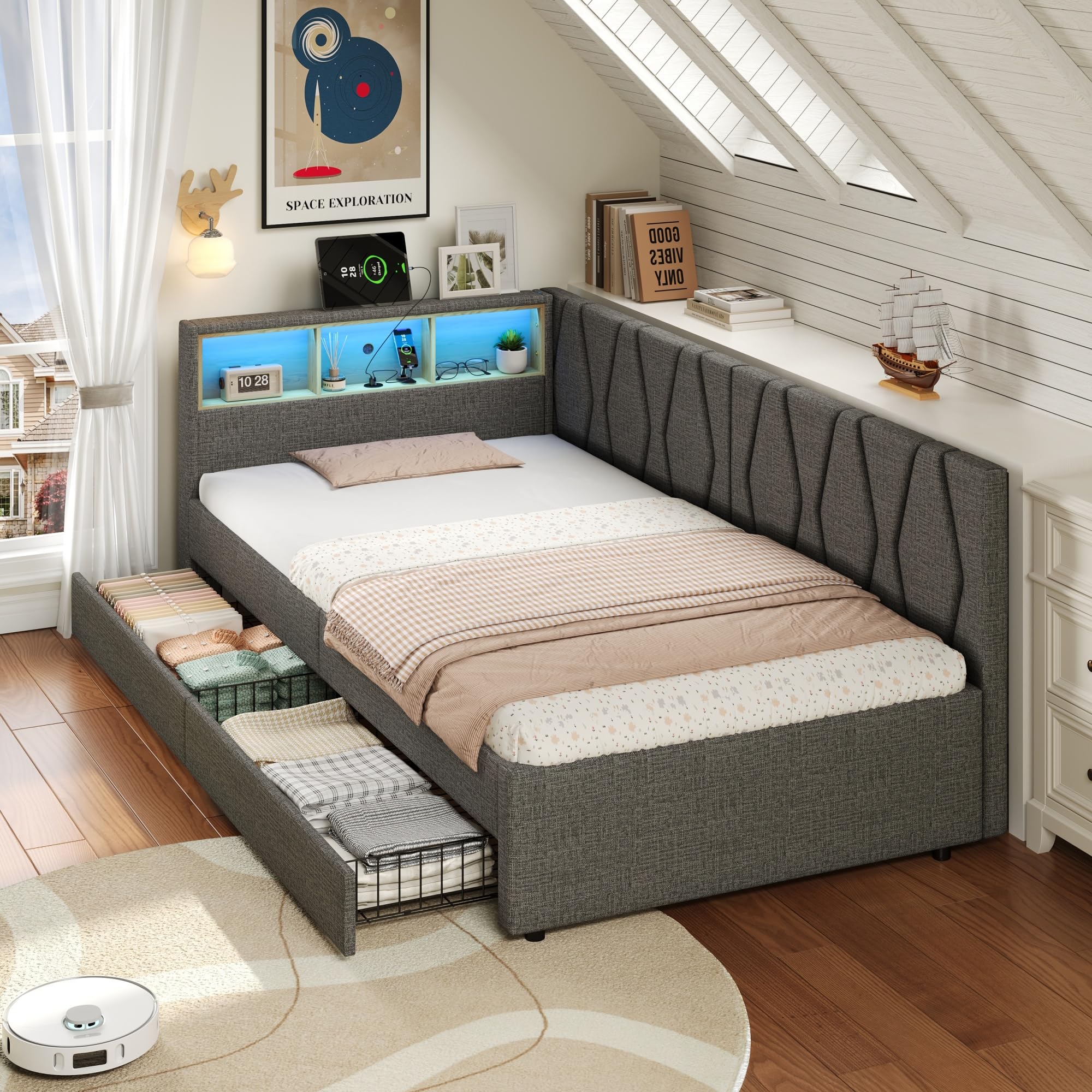 Miyemo Day Bed, 3ft Upholstered Single Bed Frame with Storage Drawers, Linen Sofa Bed with Charging-Station & LED- for Living Room/Bedroom/Study Room, 90 * 190cm, Grey, (No Mattress)