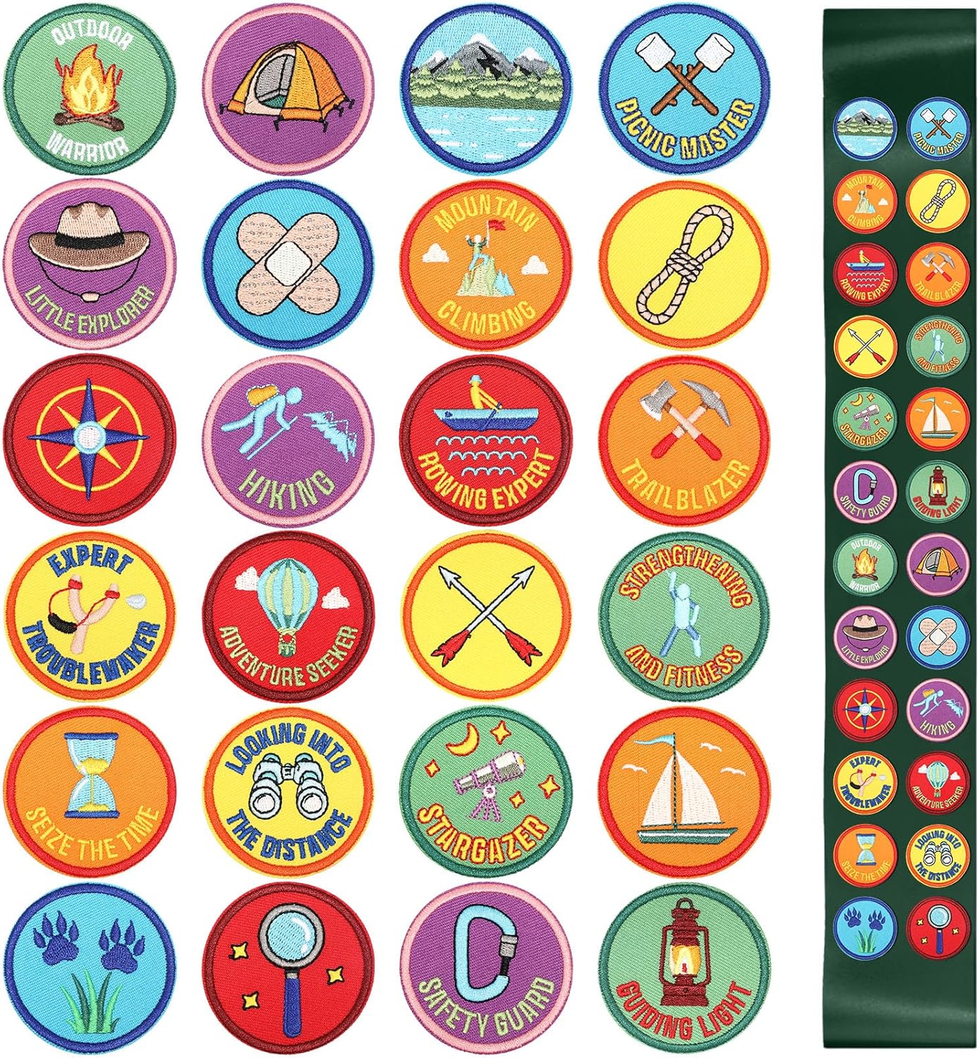 24 Pcs Camping Iron on Patches 2.17 Inch Adventure Outdoor Hiking Embroidered Patches Decoration Iron on Motif Applique Decor for DIY Costume Hats Backpack Camping Party Favors (Bright)