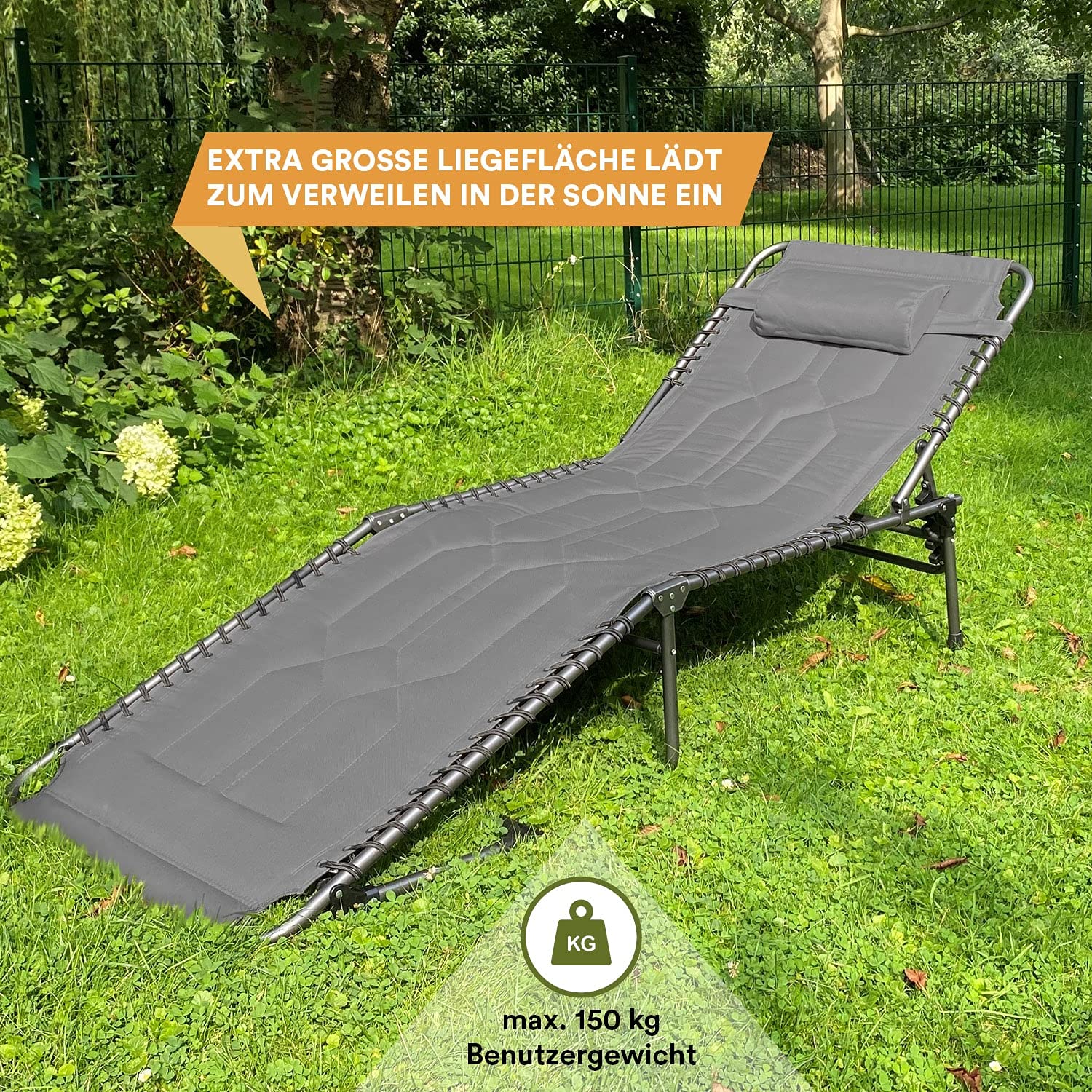 Skandika Sonnenliege Torget | Klappbare Campingliege, gepolstert, 5-Fach verstellbares Kopfteil, Seitentasche, bis 150 kg, wasserabweisend, Stahl-Gestell | Faltbare Liege für Camping, Garten