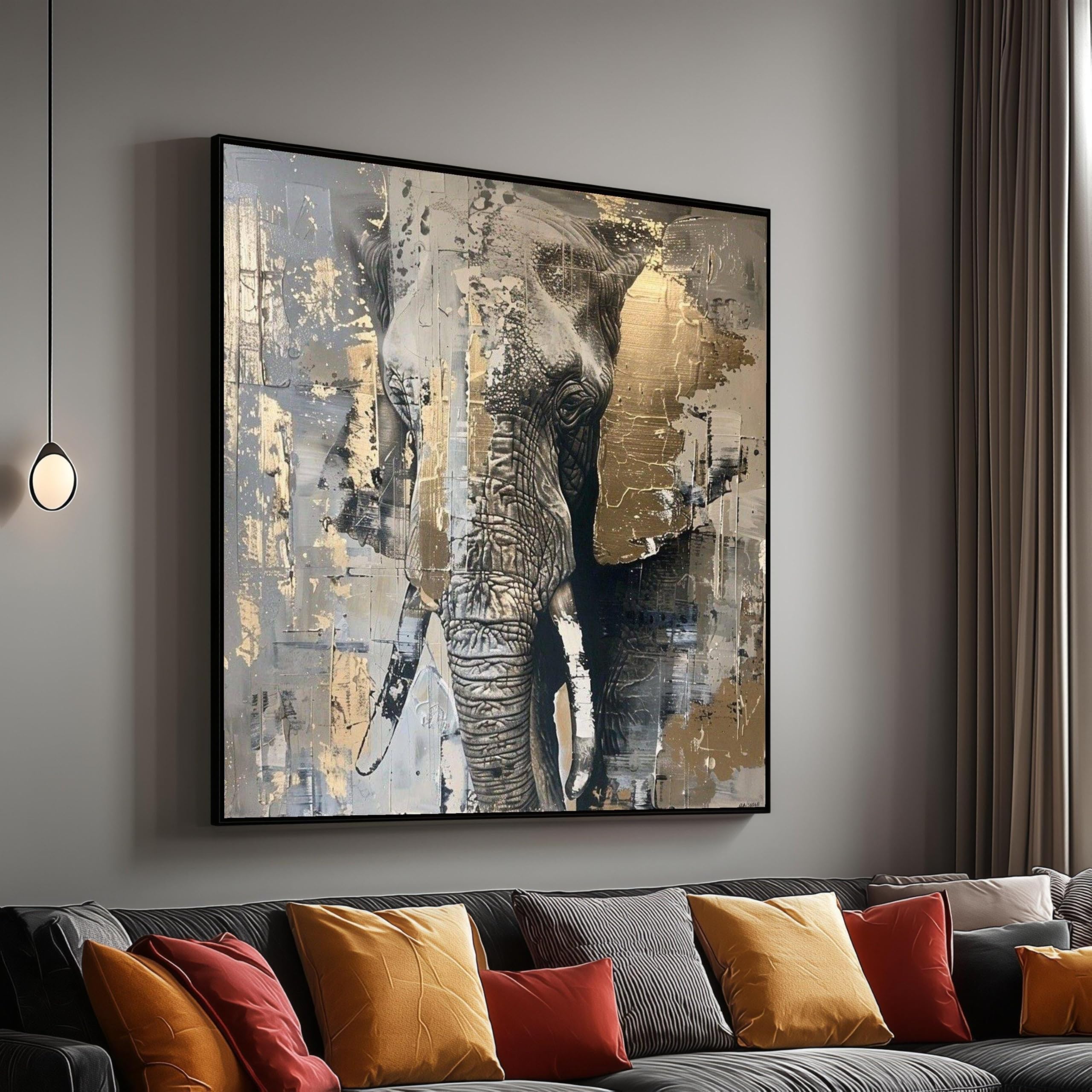 Portrait d'éléphant sur toile abstrait gris doré déco 70x70cm - 8