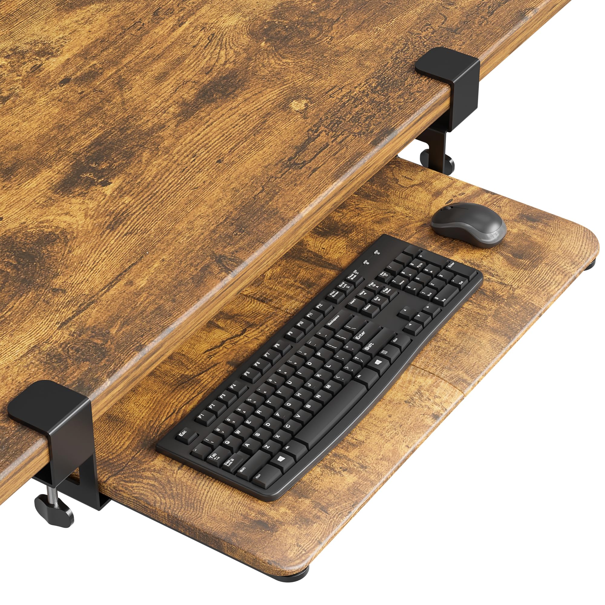 BONTEC KMT01 Under Desk Keyboard Tray, Pull-Out Keyboard & Mouse Platform with C-Clamp, 25.6 x 11.8 in Space-Saving Ergonomic Slide-Out Drawer, Rustic Brown