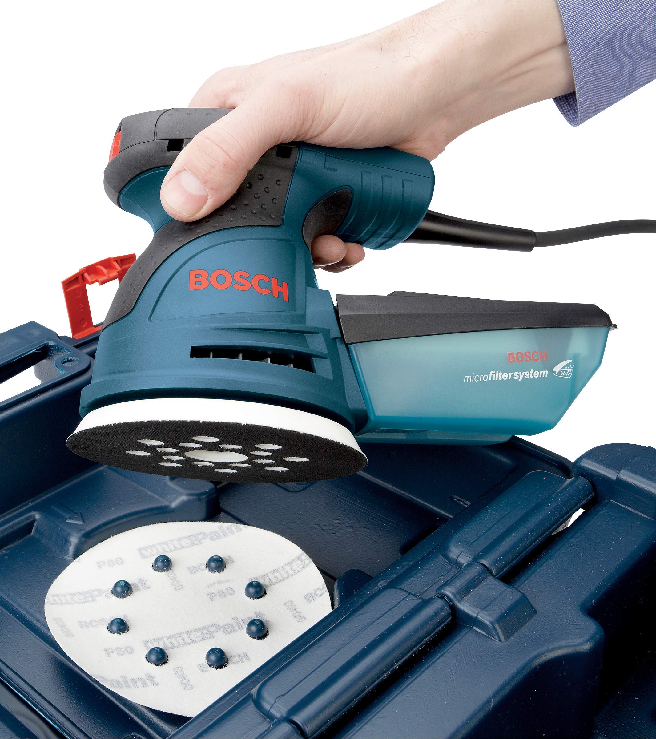 BOSCH ROS20VSK - Lijadora de palma de 2.5 amperios y 5 pulgadas. Kit de lijadora/pulidora orbital aleatoria de velocidad variable con cable con colector de polvo y funda de transporte rígida