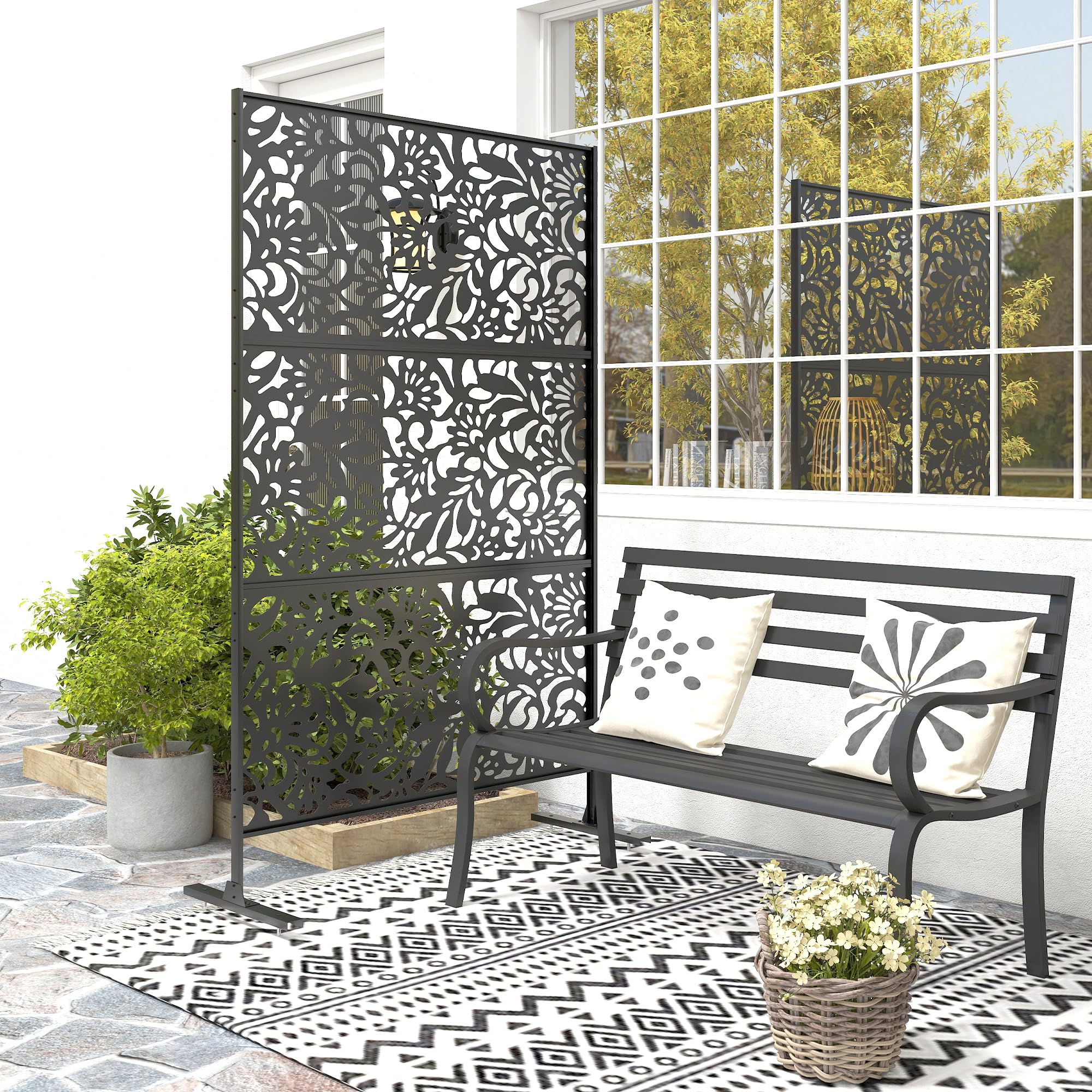 Outsunny Panneau Brise Vue décoratif Extérieur 122 x 45 x 198 cm Noir | Claustra Décoratif Jardin, 3 Panneaux à Motif Floral, Paravent Extérieur, Support en Acier Galvanisé