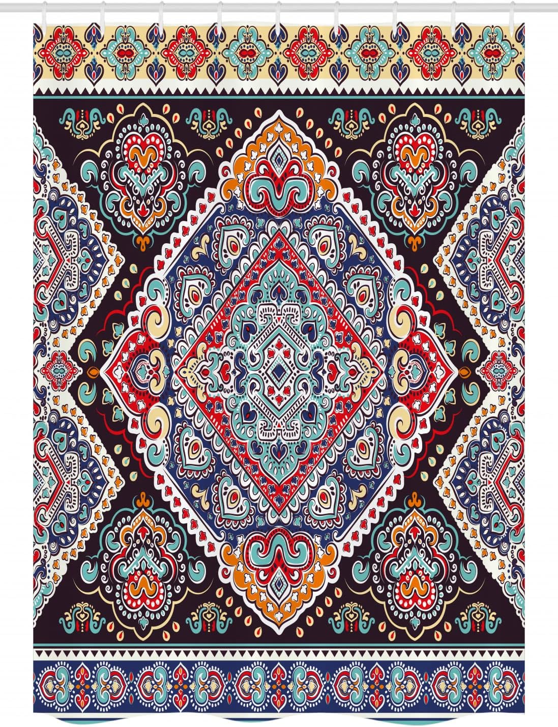 Ambesonne Ethnic Stall Shower Curtain, Vibrant Vintage Framework Bohemian Curvy Ornate Borders Symmetric Cultural Colorful, Fabric Bathroom Decor Set with Hooks, 54" W x 78" L, Turquoise Black