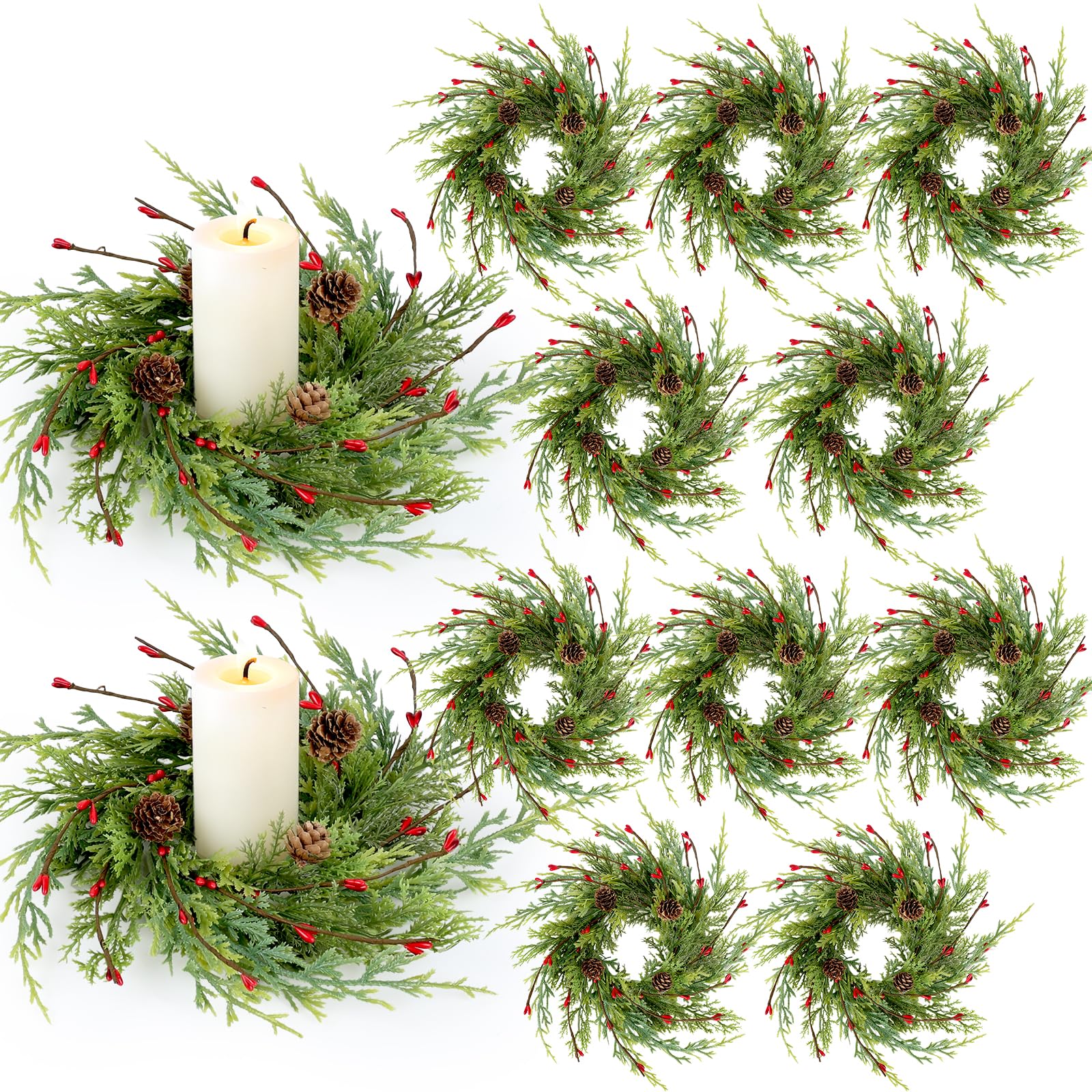 12 Pcs Artificial Christmas Candle Rings 9 Inch Cedar Pine Garland Wreaths with Red Berries Pinecones Wreaths Pine Needles Candle Ring Holder for Christmas Winter Decorations Table Centerpiece