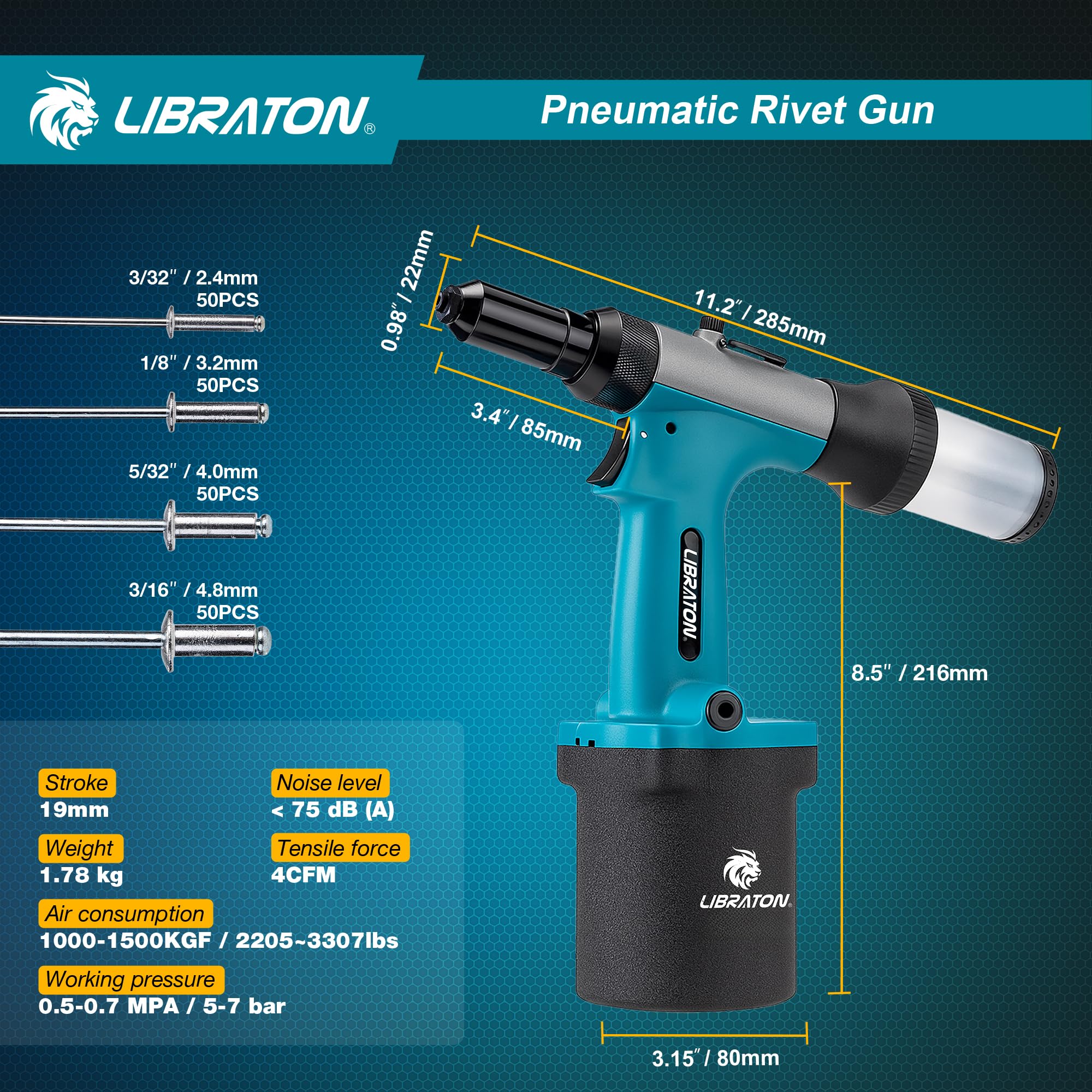 LIBRATON Druckluft Nietpistole, Druckluft Nietzange, mit 200 Nieten | 2,4 mm, 3,2 mm, 4 mm, 4,8 mm, Professionelle Druckluft Blindnietpistole für Autoreparatur, Selbstansaugendes Design