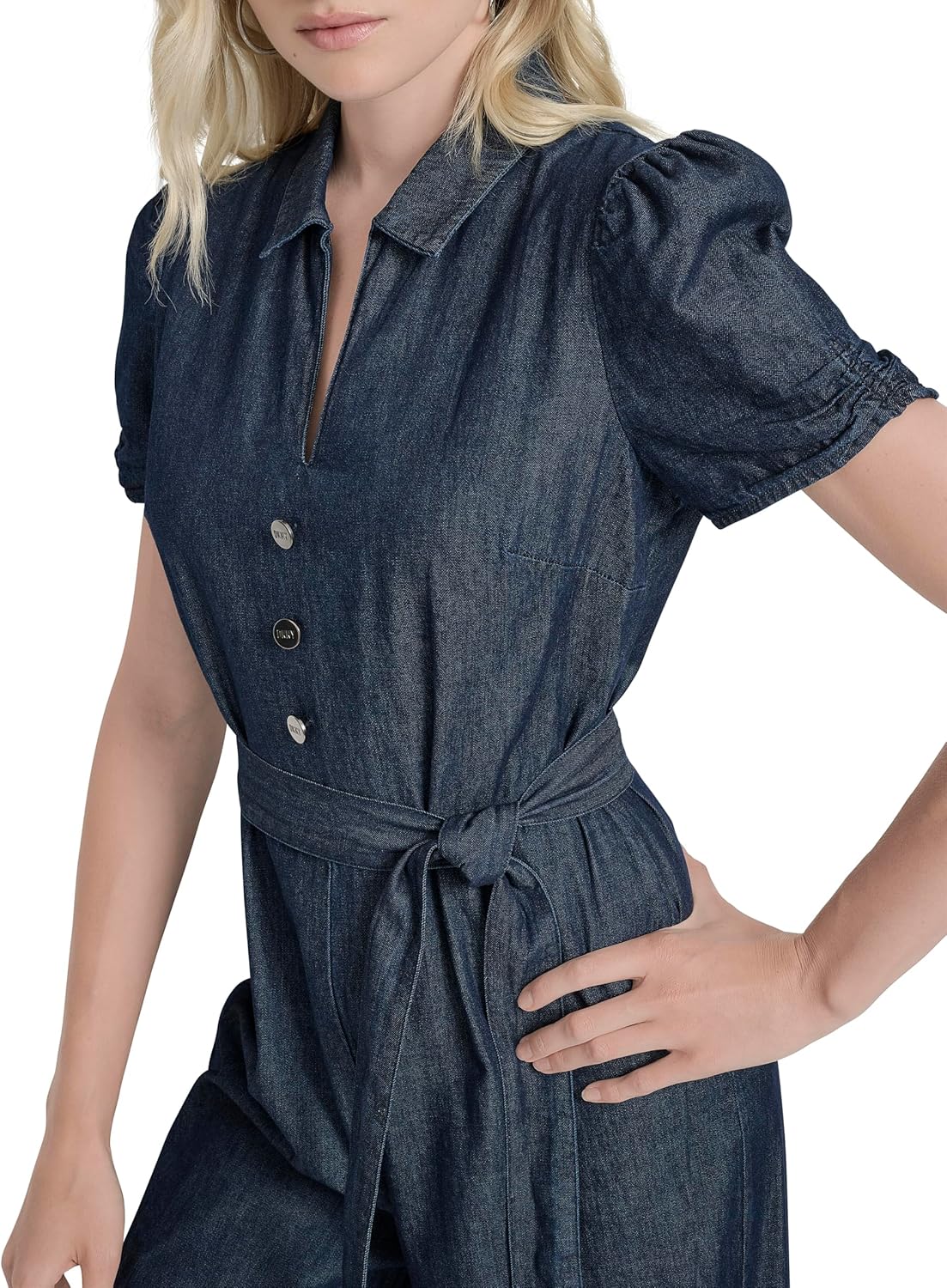 DKNY womens Belted Polo Collar Ruched Sleeve Jumpsuit - Image 5