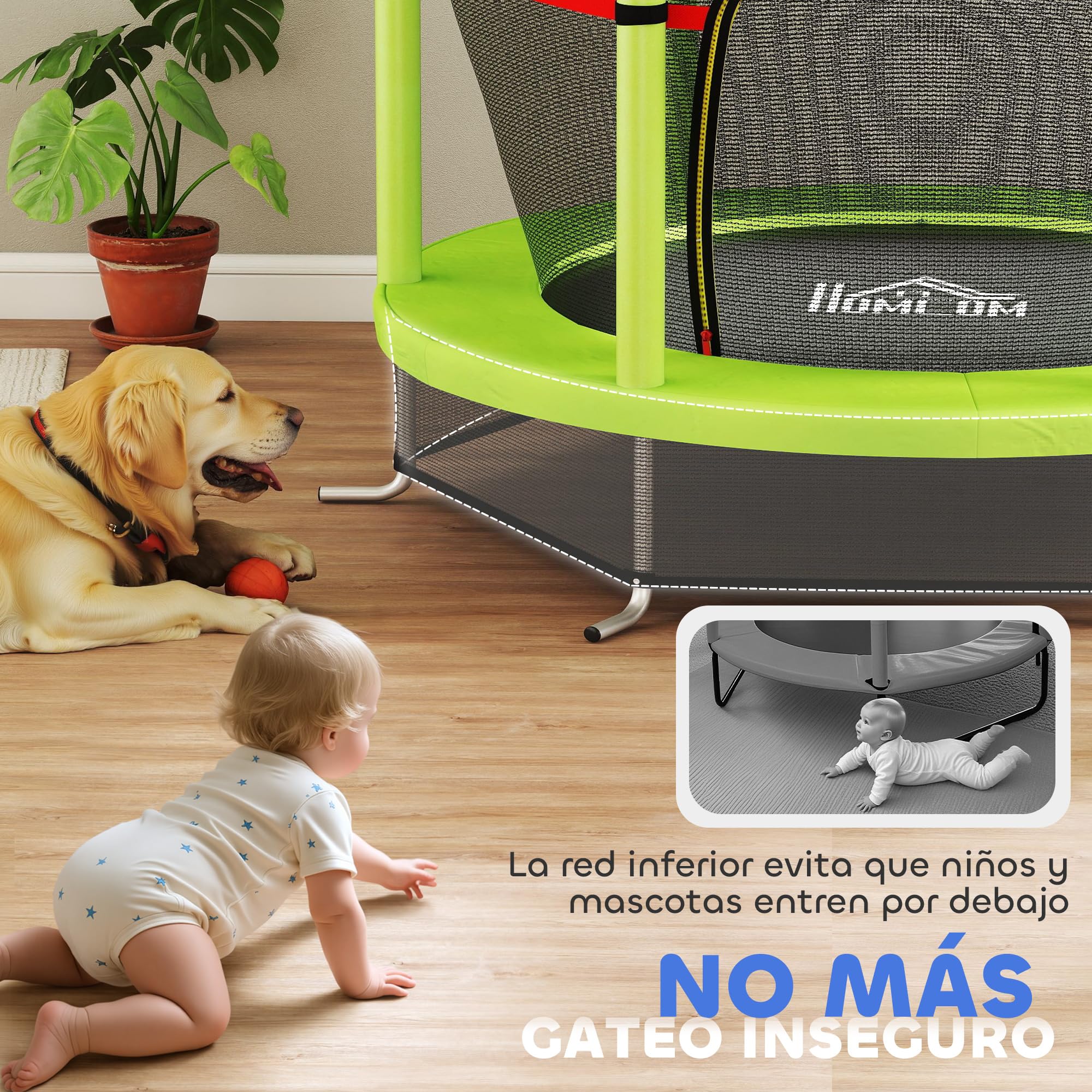 HOMCOM Cama Elástica Infantil Ø140x190 cm Trampolín para Niños de 3-6 Años con Red de Seguridad Carga 45 kg para Interior