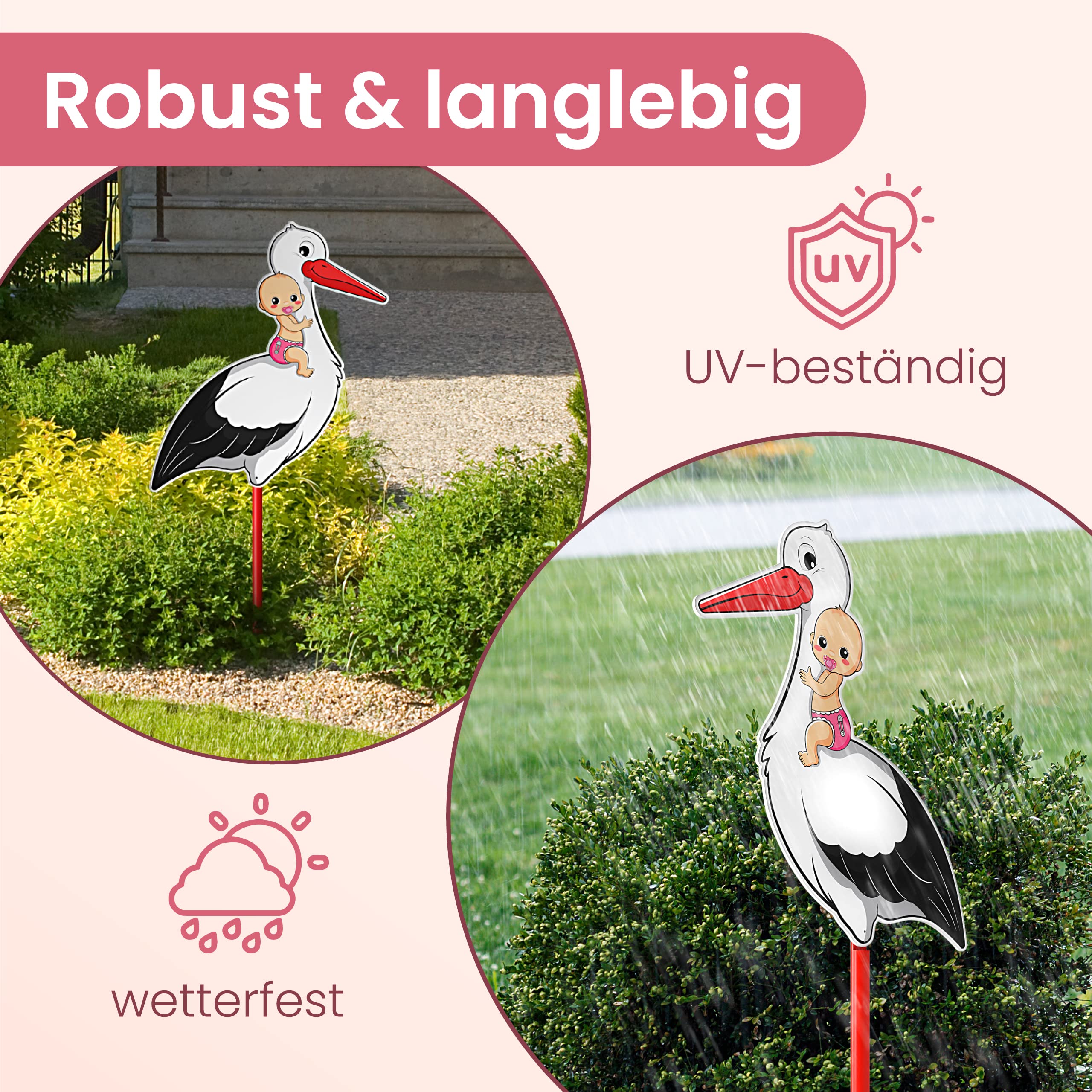GLÜCKSGUT® Klapperstorch Baby Rosa, 100 cm | 5-teiliges Set | Geburtsstorch inkl. Holzstab + Namensschild + Grußkarte + Stift | Storch Geburt für Draussen & Drinnen | Geburtsgeschenk