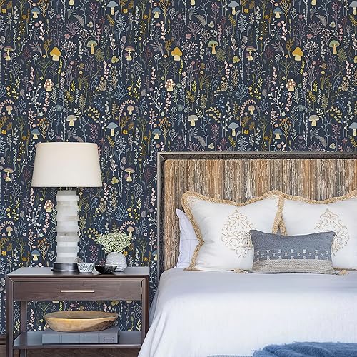 Miniatura 3 de Papel tapiz autoadhesivo extraíble de vinilo de hongos azules para decoración de pared, estilo bohemio, para dormitorio, 17.3 x 118 pulgadas