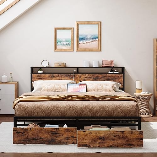 Miniatura 37 de LIKIMIO Base de cama Queen con cabecera de almacenamiento, cama de plataforma con cajones y estación de carga, no necesita somier, fácil montaje,