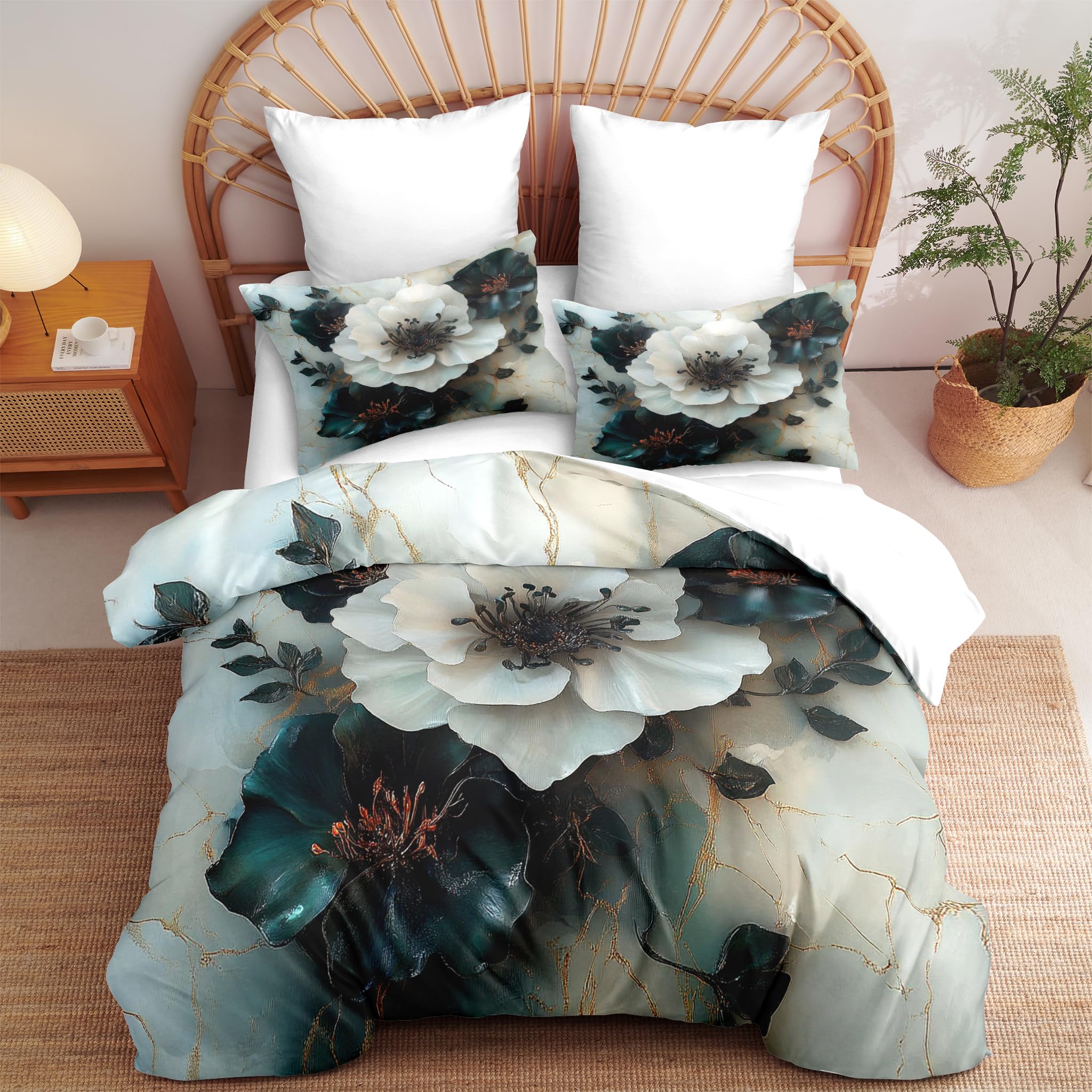 CCoutueChen White Peony King Comforter Set, Soft Emerald Green Flower Lightweight Comforter for Women Bedroom Decor, 3 Pieces Microfiber Abstract