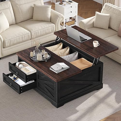Itaar - Mesa auxiliar de 39.4" con tablero de elevación y almacenamiento, mesas de café de estilo granja para sala de estar, mesa de café cuadrada