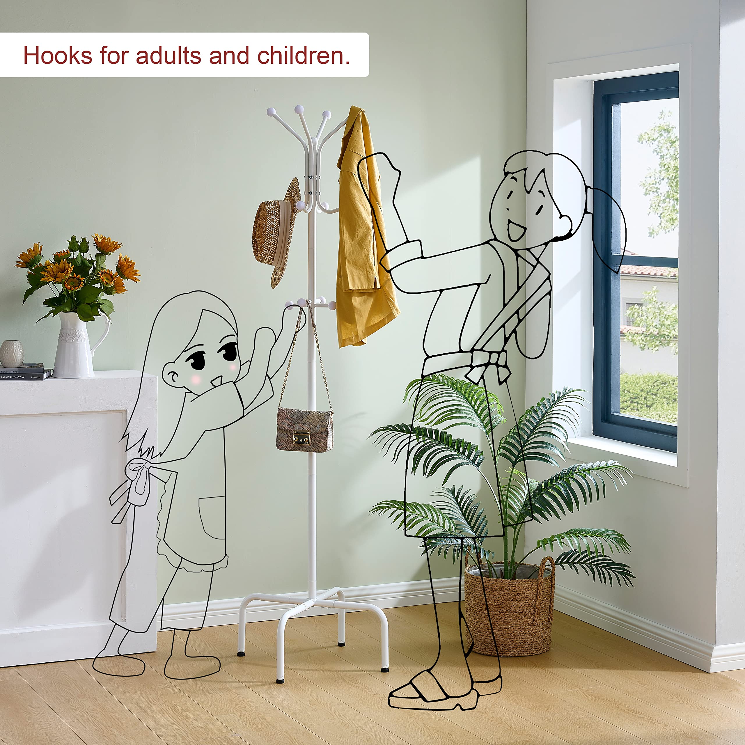 Hoctieon Coat Rack Freestanding, Entryway Coat Rack With 12 Hooks, Coat Hanger Stand, Floor Standing Metal Coat Tree,Coat Rack Stand, Heavy Duty Coat Rack, Coat Tree Freestanding, White