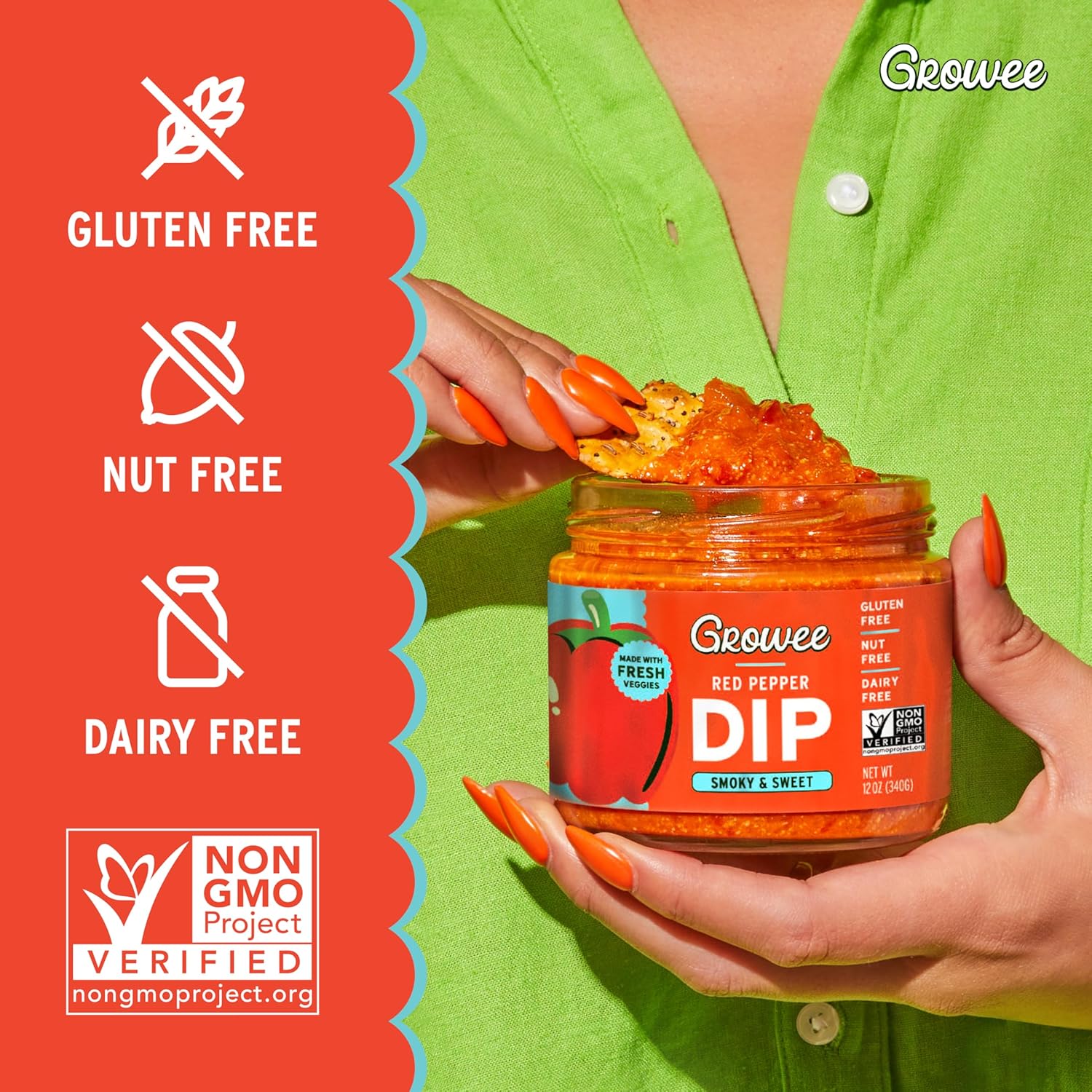 Growee Vegan Red Pepper Dip (2 Pack) | Alternative to Queso & Hummus | Dairy-Free, Nut-Free & Gluten-Free Plant-Based Spread | Perfect for Breads, Rice Bowls & Mediterranean Dishes | Made with Fresh Veggies