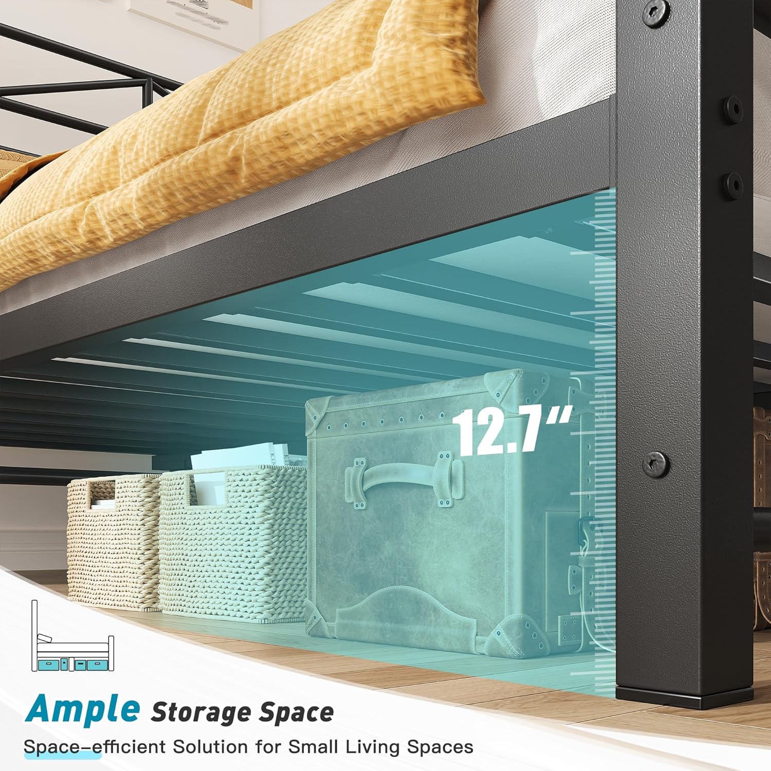 EnHomee Queen Size Metal Platform Bed Frame, 54" Tall Headboard and LED Lights, Victorian Vintage Headboard and Footboard, Under Bed Storage, Heavy Duty Metal Slats & Noise Free, Black - Image 6