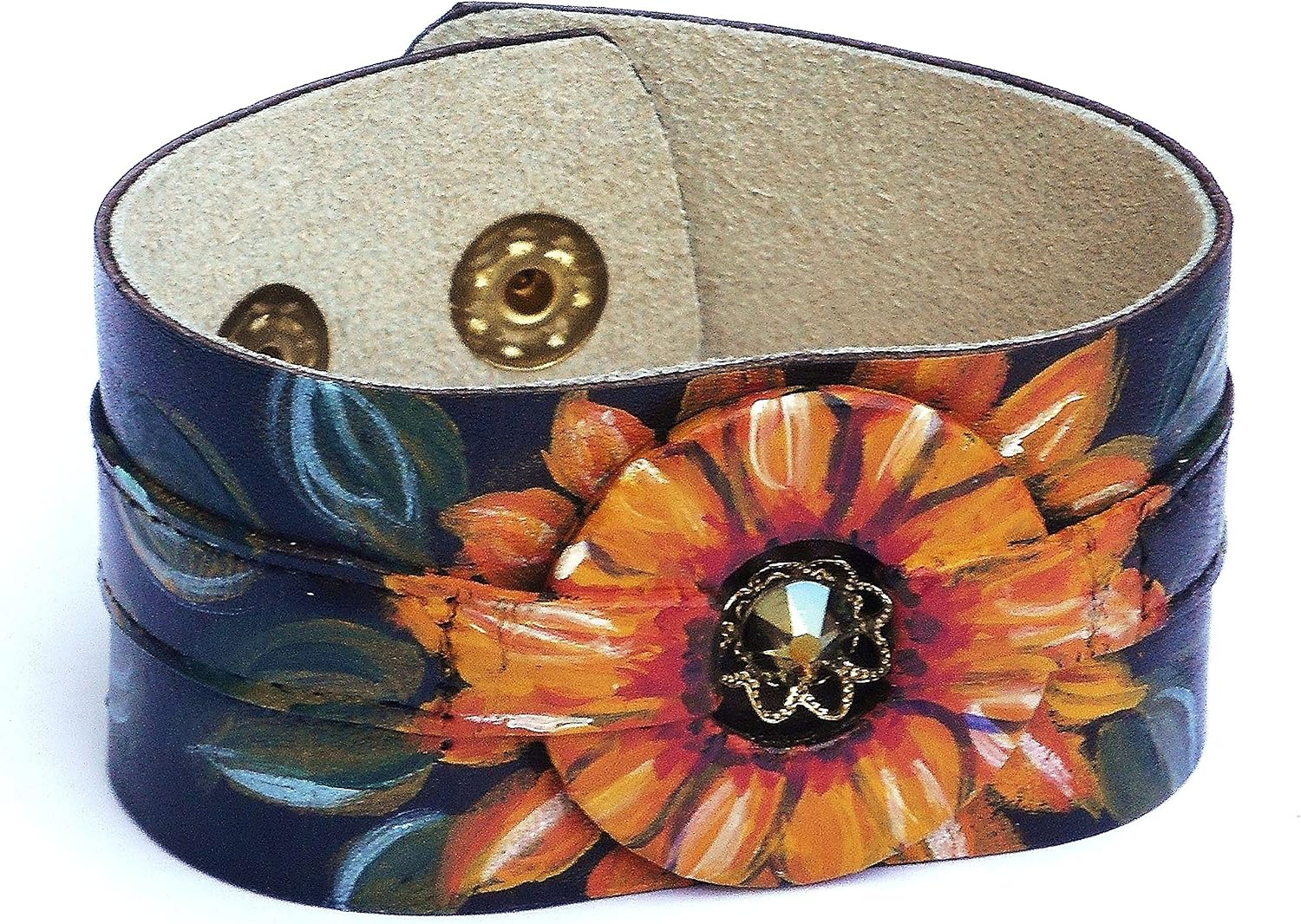 Boho Style Adjustable Hand Painted Sunflower Cuff Bracelet with Large Sparkling Crystal Rhinestone Bohemian Jewelry for Women