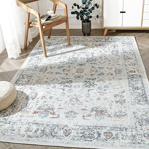 jinchan Alfombra lavable de 5 x 7 pies, diseño bohemio floral vintage de pelo bajo, delgada, antideslizante, no desprende pelo, para cocina, sala de