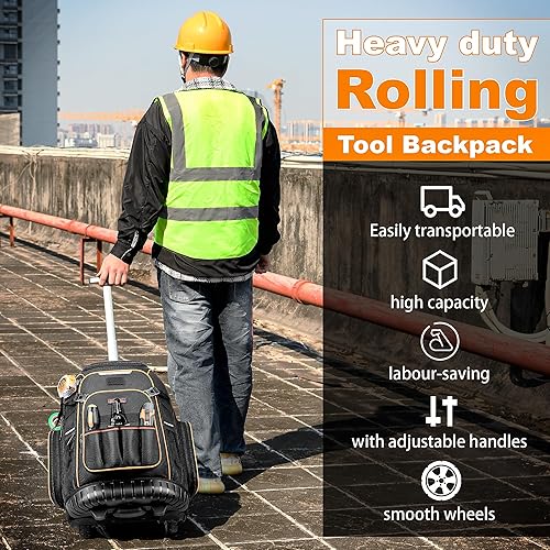 Miniatura 6 de Mochila de herramientas con rueda, mochila de herramientas rodante resistente Hvac en bolsa de herramientas para hombres, para electricista,