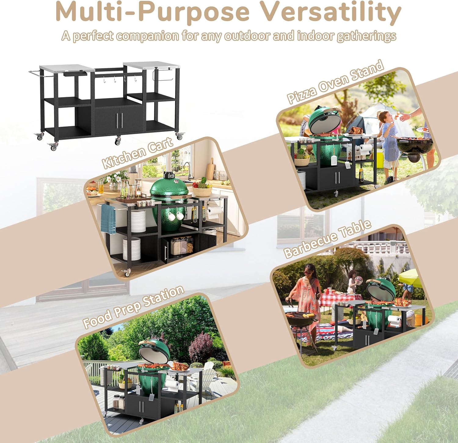 BlueWish Grill Table for Outdoor Kitchen, Movable Outdoor Grill Cart with Stainless Steel Countertop & Wheels, Food Prep Table Compatible with Large Big Green Egg, Kamado Joe