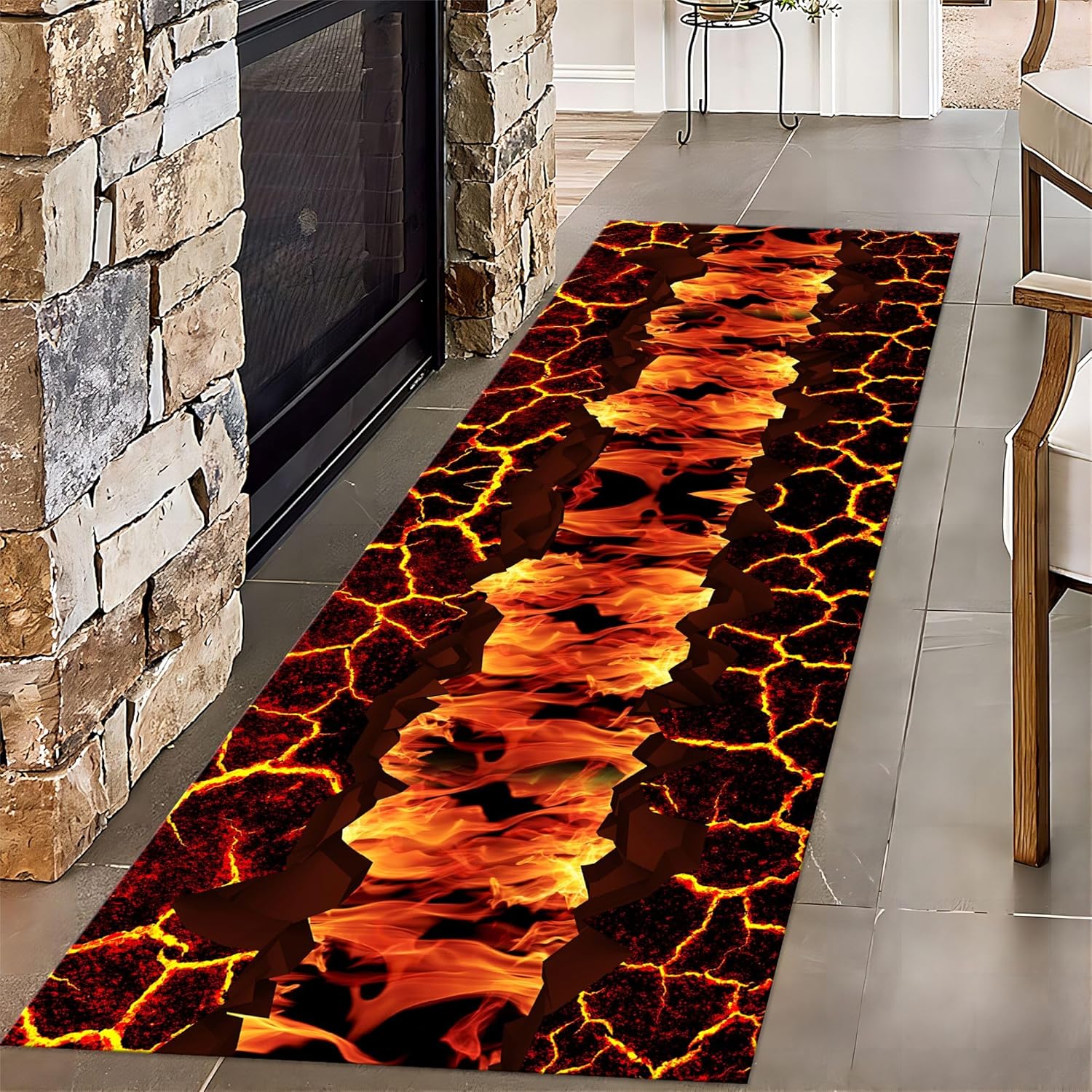 3D Optical Illusion Flame Runner Rug for Hallway 1.3x7ft,Abstract Lava Kitchen Rugs Non Slip Washable,Retro Rock Cracks Suspension Bridge Long Bathroom Rug Laundry Room Runner Rug