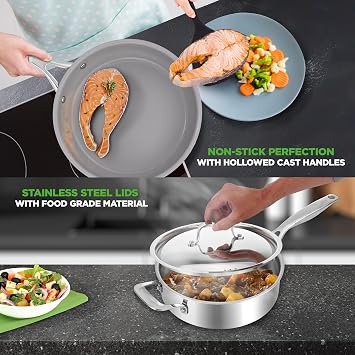 NutriChef 12-Piece Professional Stainless Steel Cookware Set – Tri-Ply Pots, Ceramic Non-Stick Fry Pans, Induction Compatible, Strong Riveted Handles, Dishwasher Safe