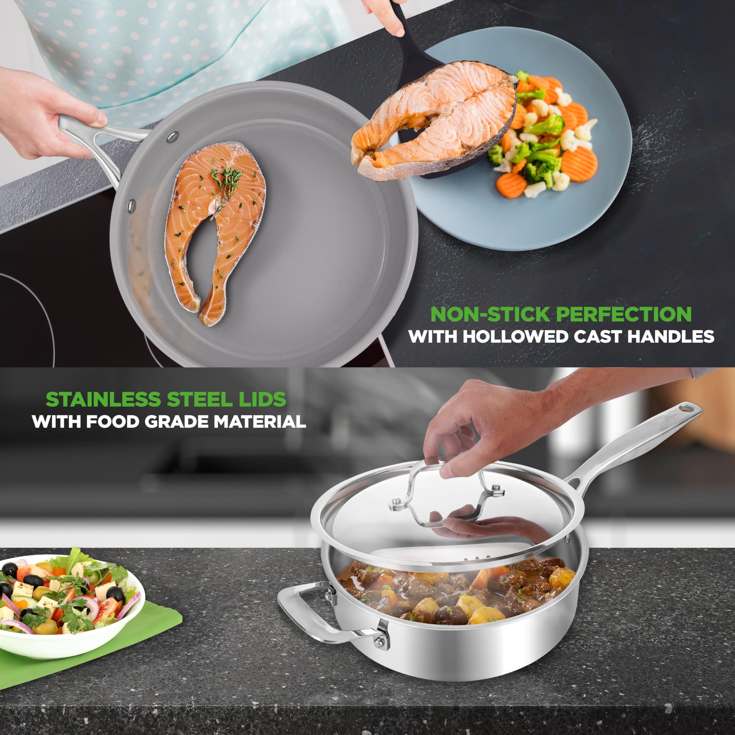 NutriChef Juego de utensilios de cocina profesionales de acero inoxidable de 12 piezas, ollas de tres capas, sartenes antiadherentes de cerámica, compatibles con inducción, asas remachadas fuertes