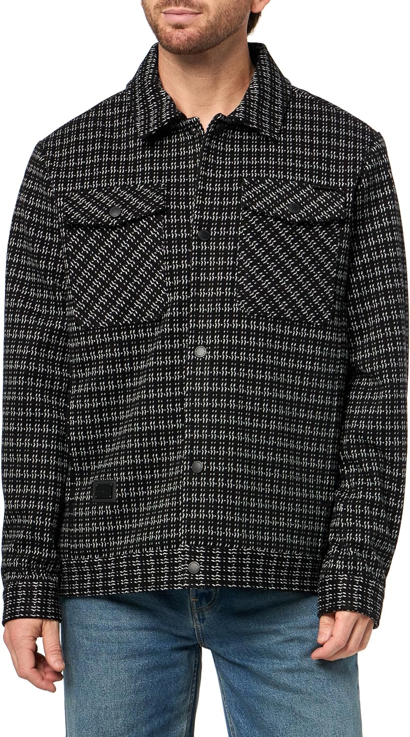 KARL LAGERFELD Men's Collared Patterned Chest Pockets Relaxed Fit Shirt Jacket