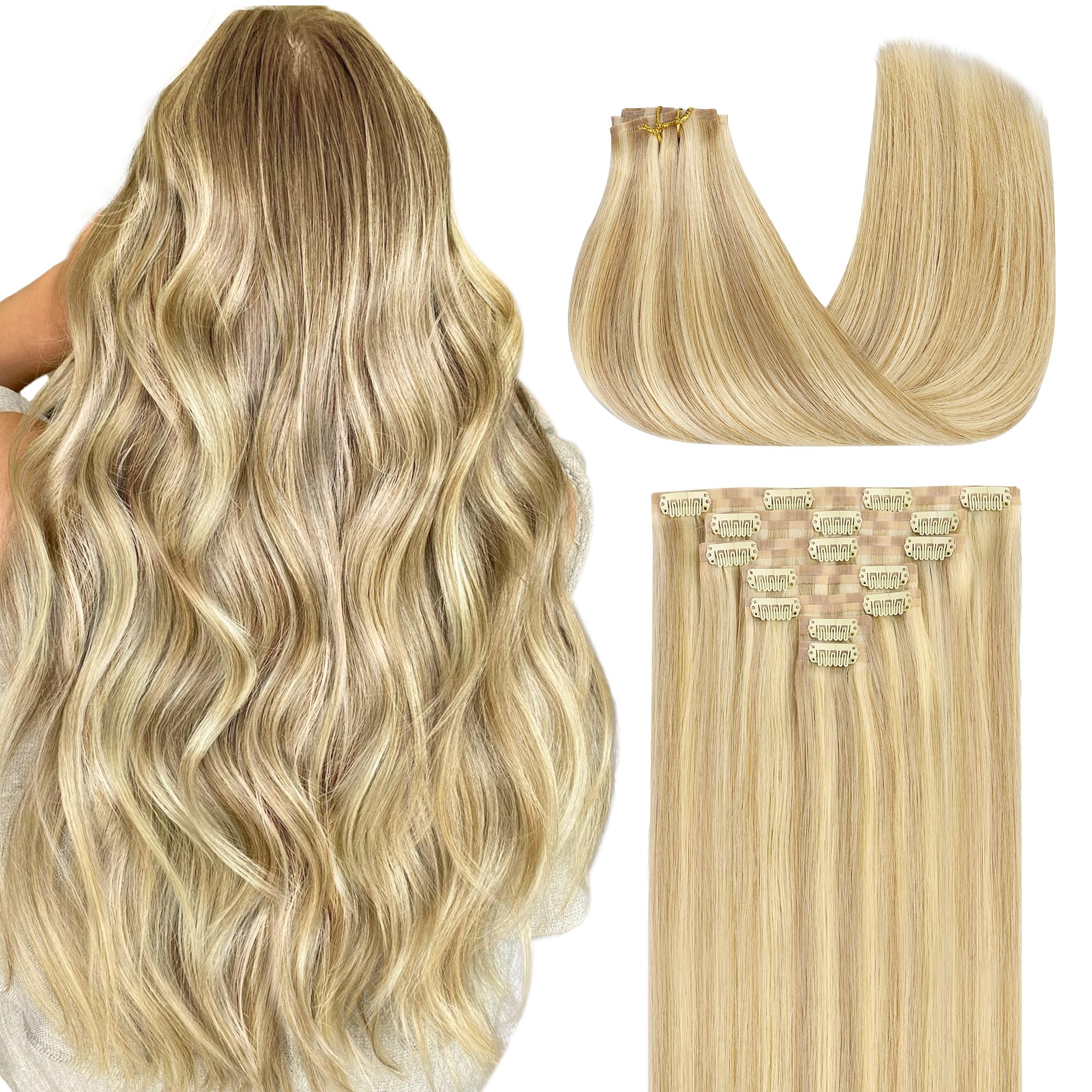 GOO GOO Clip in Hair Extensions Real Human Hair, Remy Human Hair Extensions Clip ins for Women, Natural Human Hair, 16inch 130g 7Pcs, 18D/22F Dirty