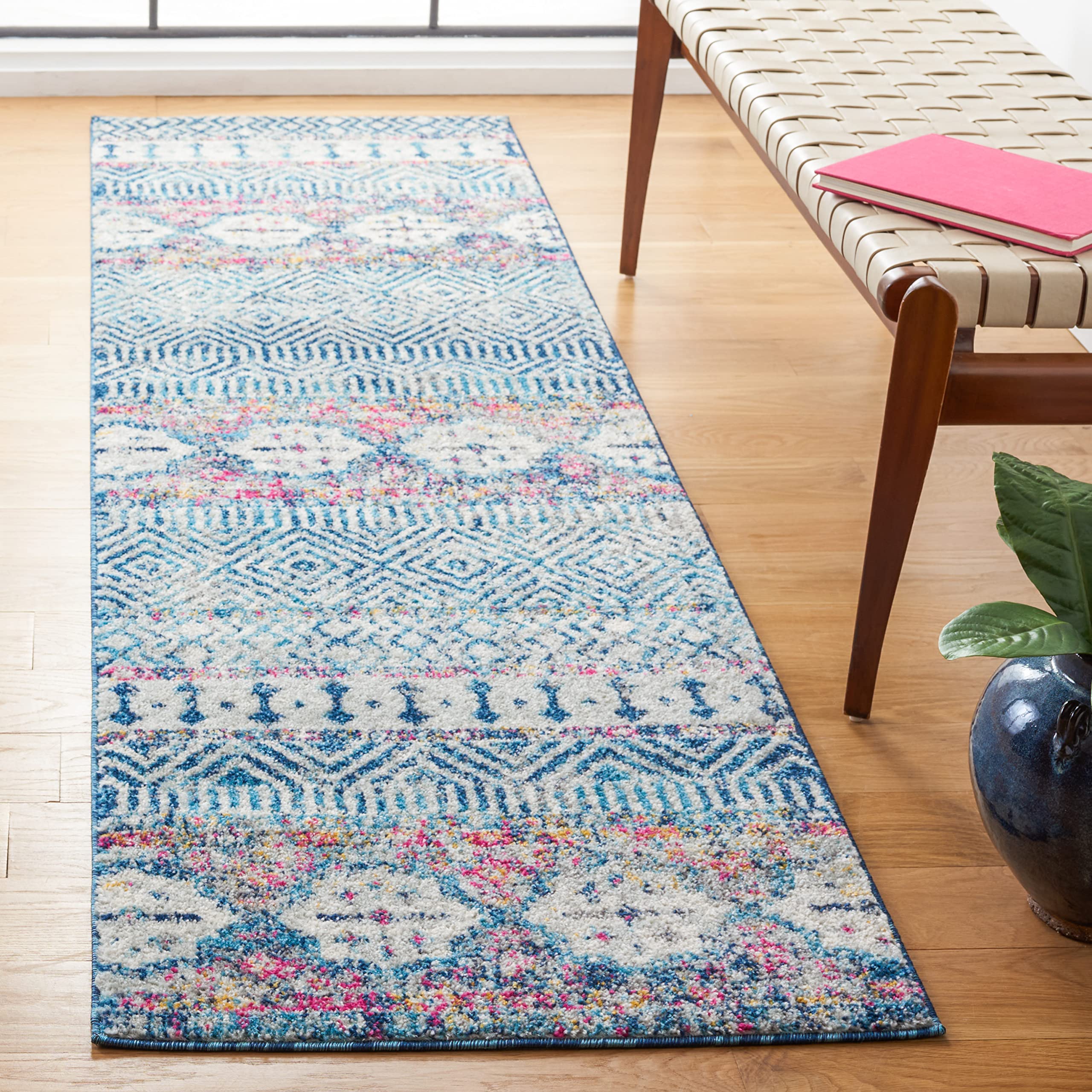 SAFAVIEH Madison Collection Runner Rug - 2'3" x 6', Denim Blue & Purple, Boho Chic Design, Non-Shedding & Easy Care, Ideal for High Traffic Areas in Living Room, Bedroom (MAD797K)