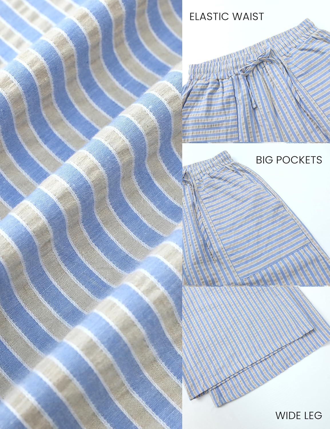 Yeokou Women's Wide Leg Pants Drawstring Striped Cotton Mid Rise Casual Long Palazzo Trousers with Pockets - Image 5