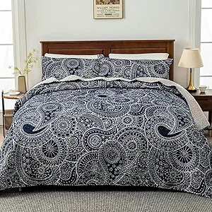 Whale Flotilla Reversible Paisley Quilts Full Queen Size, Lightweight Boho Printed Bedspreads Coverlets Quilt Bedding Set with 2 Pillow Shams for All Seasons, Navy/Bone