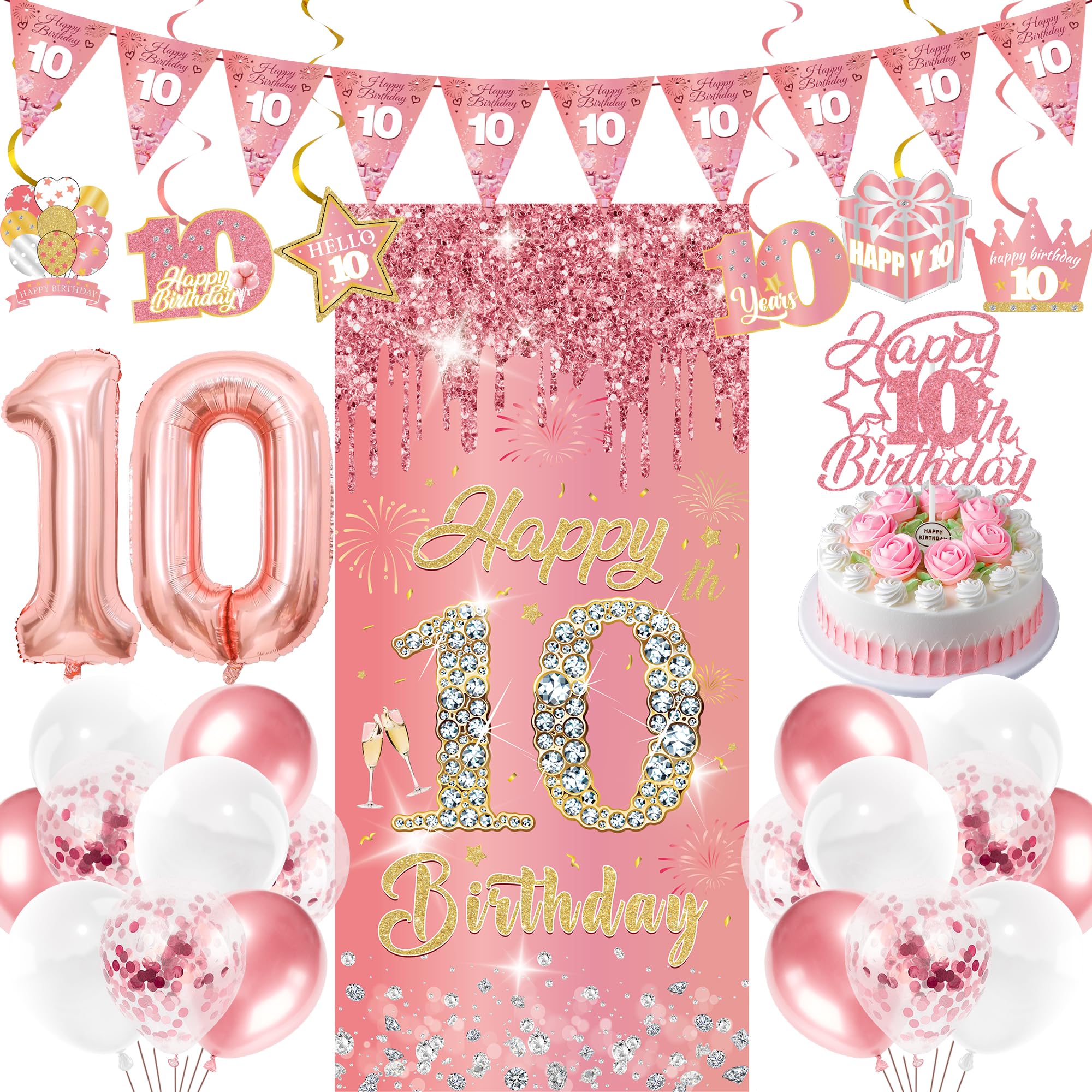 10 Geburtstag MäDchen Deko Set - 29 StüCk Rosegold Glitzer Happy Birthday Geburtstagsdeko Wimpel Tortendeko Mit HintergrüNde Zahl Luftballon Wirbel FüR 10 Jahr Geburtstagsfeier Party Dekoration
