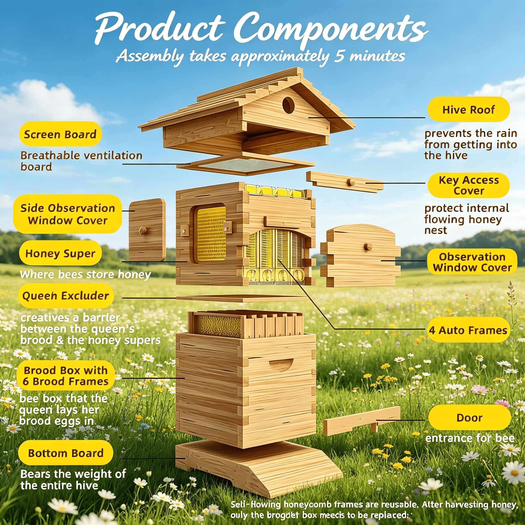 Flow Hive Imker-Starterset, Selbstfließende Bienenbox aus Holz mit Beobachtungsfenster & Honigauslauf,ideal für die Honigernte im eigenen Garten.