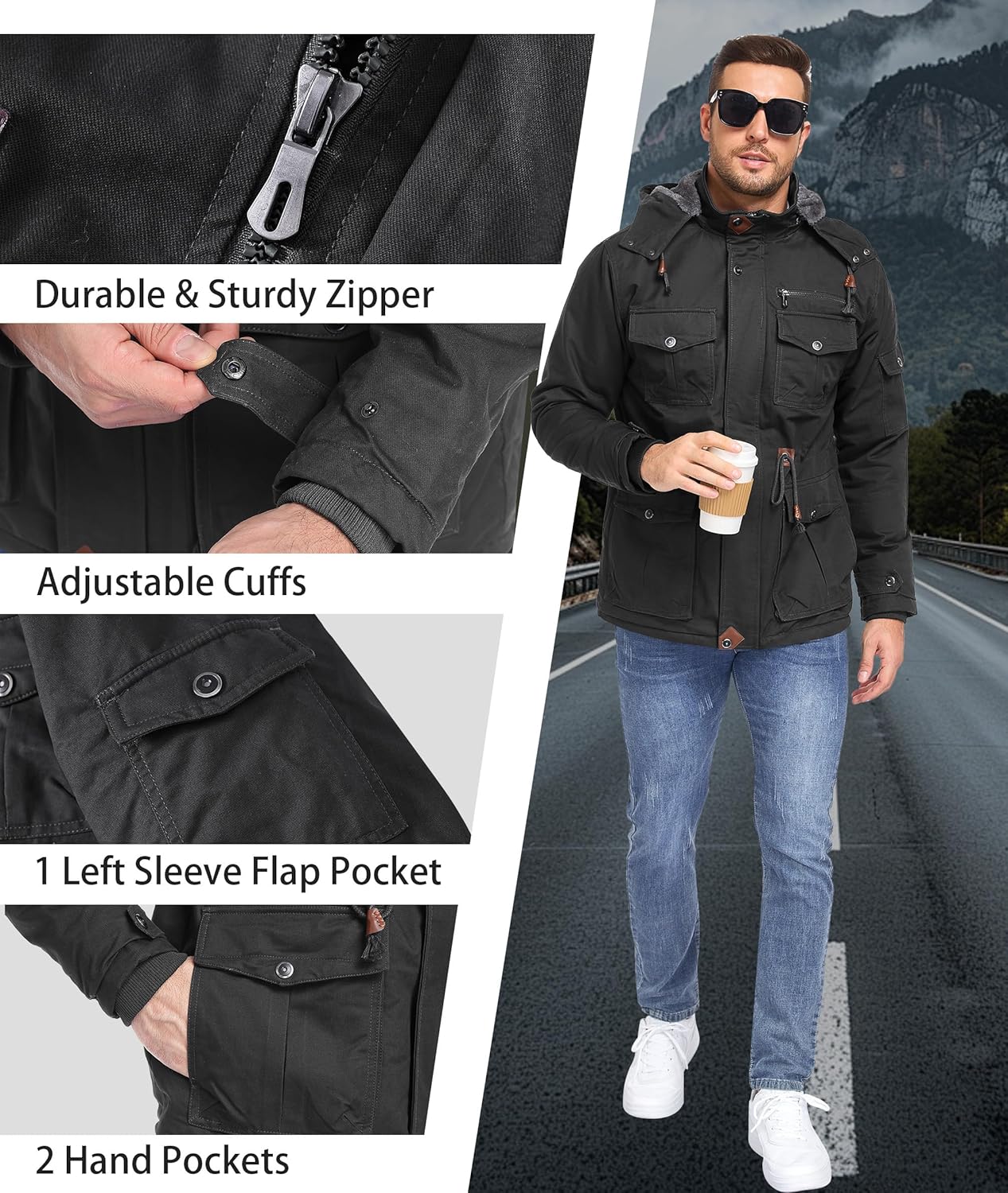 Winter Jackets for Men Fleece Lined Cotton Outdoor Winter Cargo Coats with Multi Pockets - Image 5