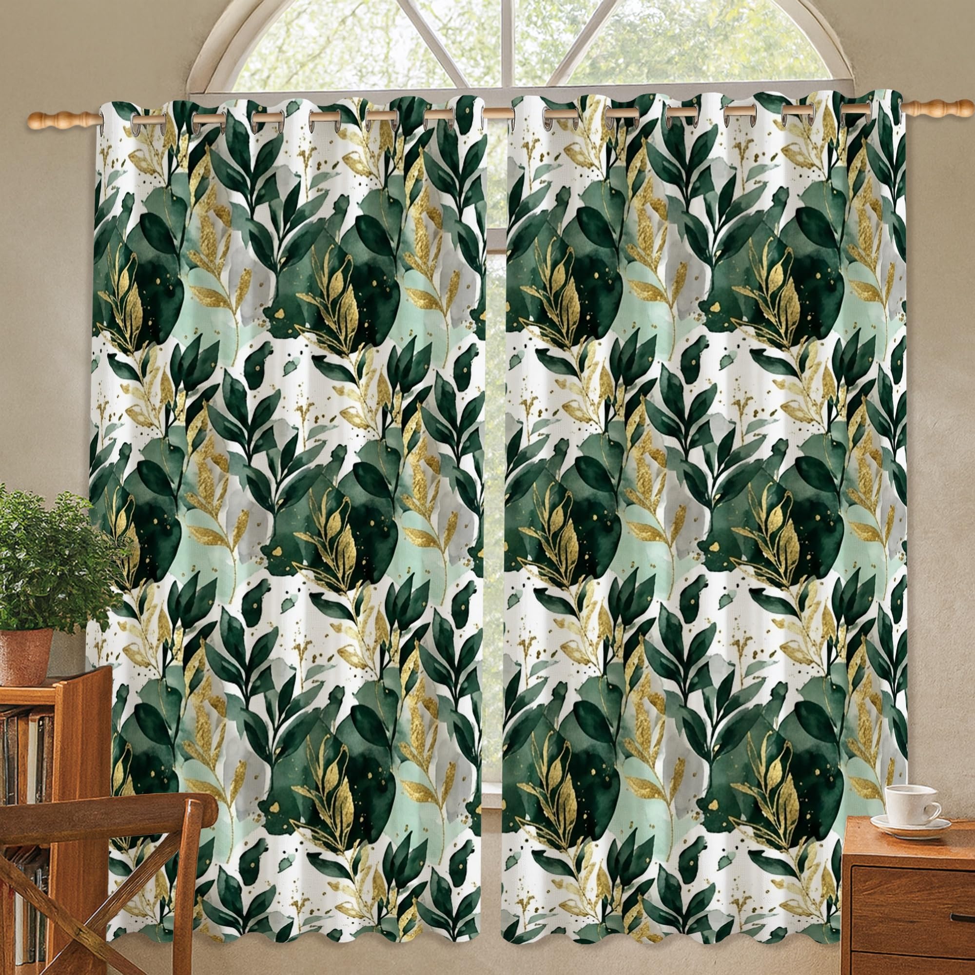Rideaux occultants 132 x 137 cm à motif feuilles dorées et vert printemps