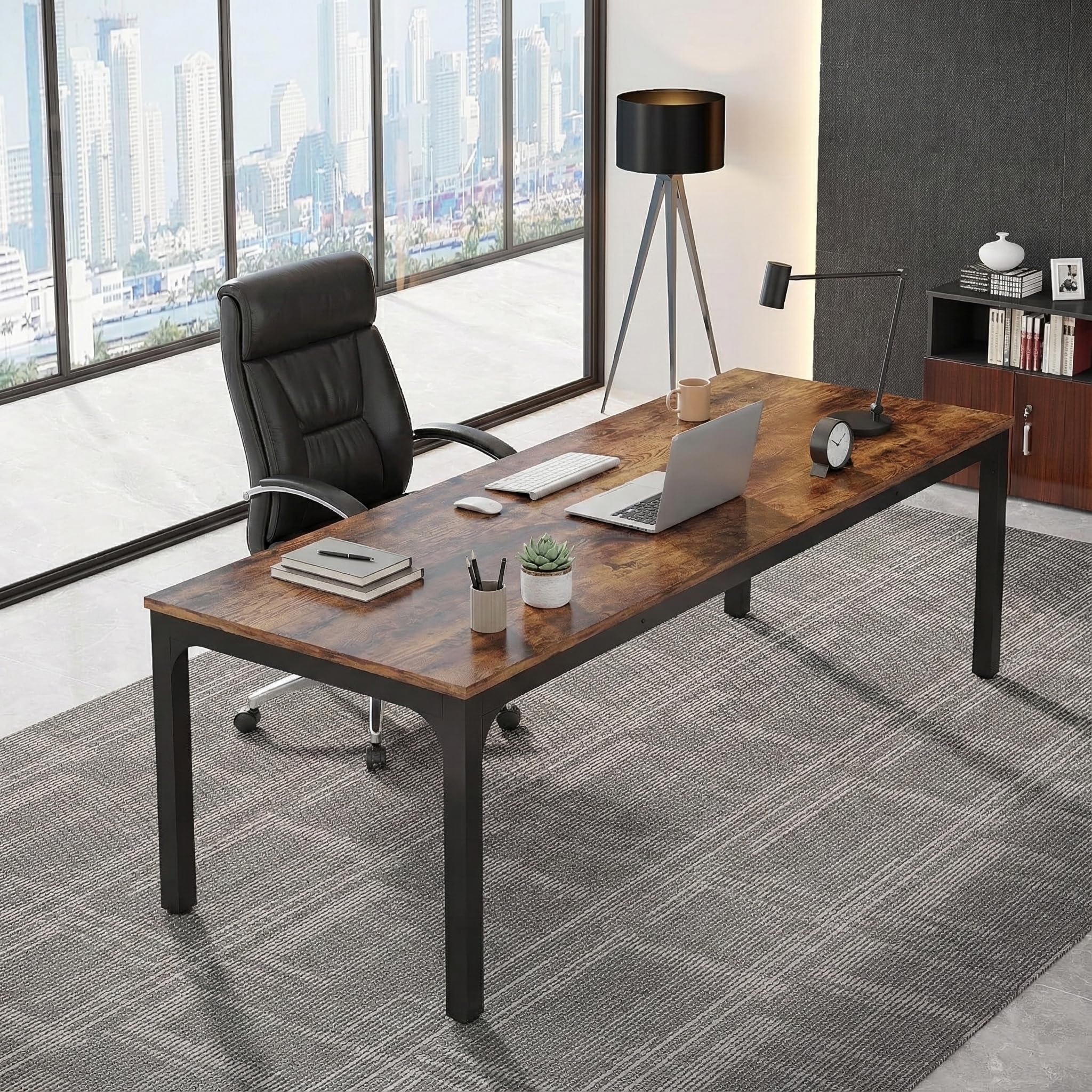 Lailang 200cm Escritorio Oficina, Mesa Escritorio Grande, Mesa de Trabajo, Escritorio Madera, Mesa Ordenador E Impresora, Bancada de Trabajo Oficina, 200 x 70 x 75 cm, Brown