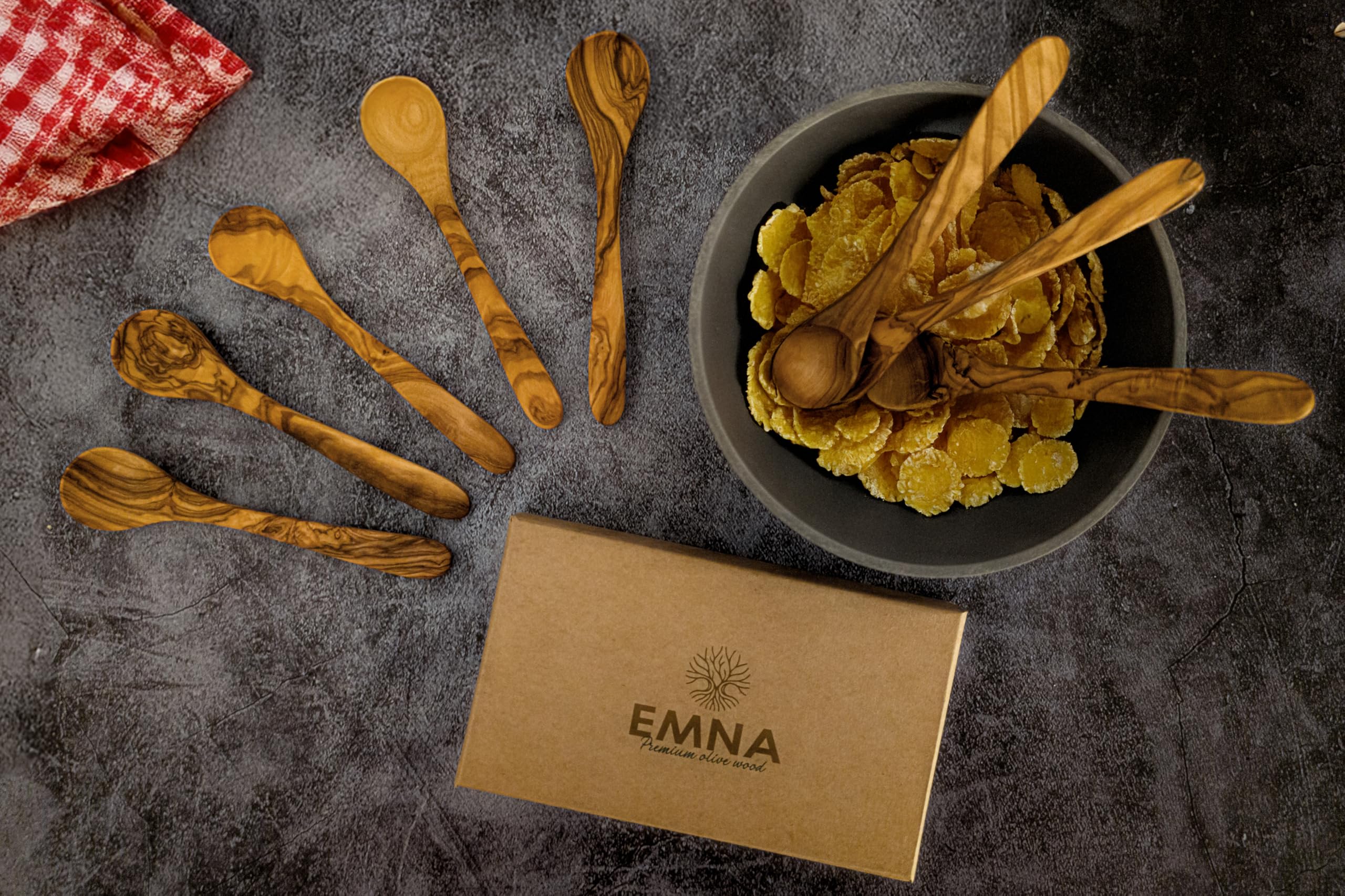 EMNA - Drewno oliwkowe 8 x łyżka 14 cm, łyżka do przypraw, łyżka deserowa, łyżeczka do kawy, łyżeczka do herbaty, naturalna, antybakteryjna, wszechstronna, pomysł na prezent do kuchni, smakoszy, w