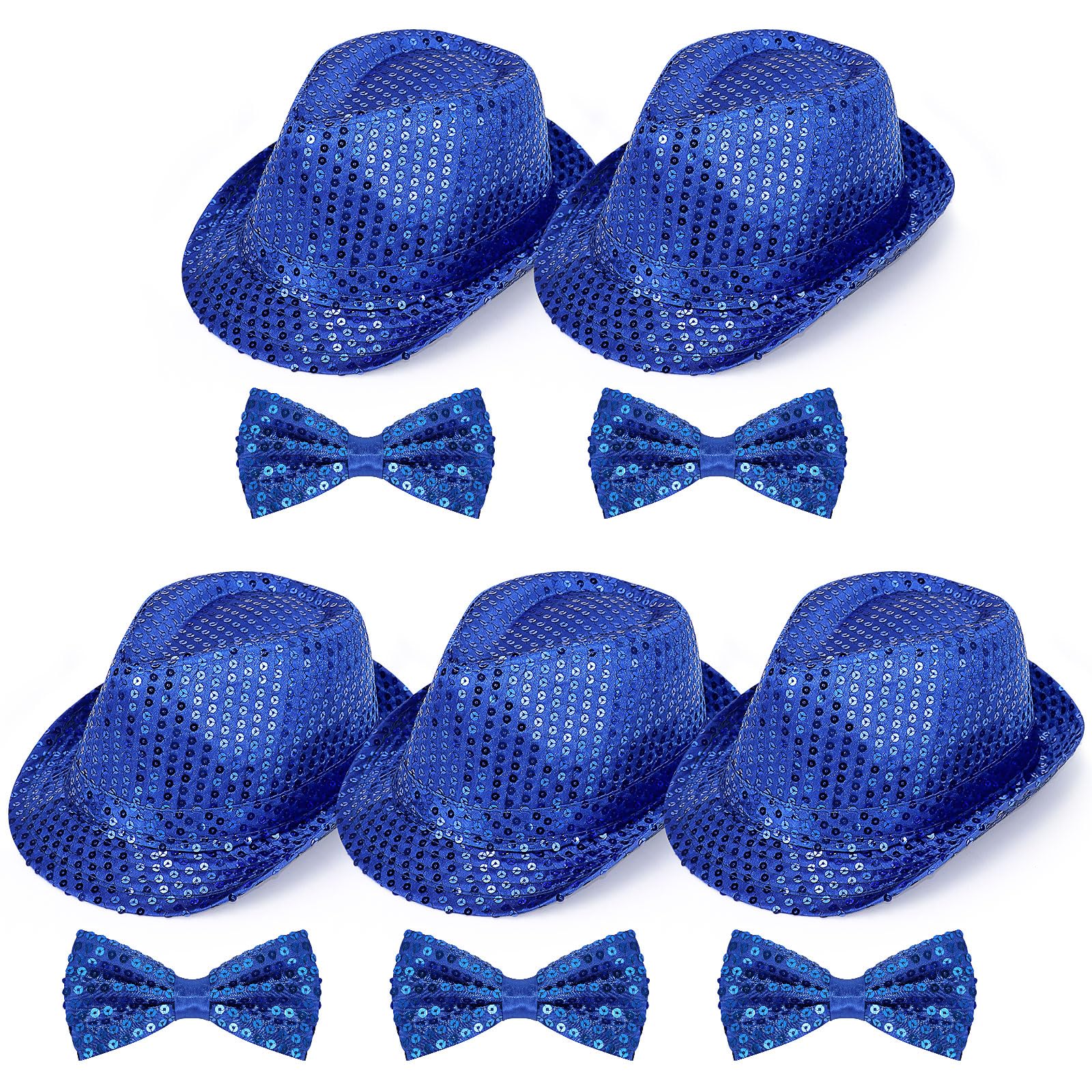 Xaztr 10Pcs Sequin Fedora Hats with Bow Ties Glitter Retro Dance Jazz Cap Party Costume Accessories Hat for Dance Stage, Blue